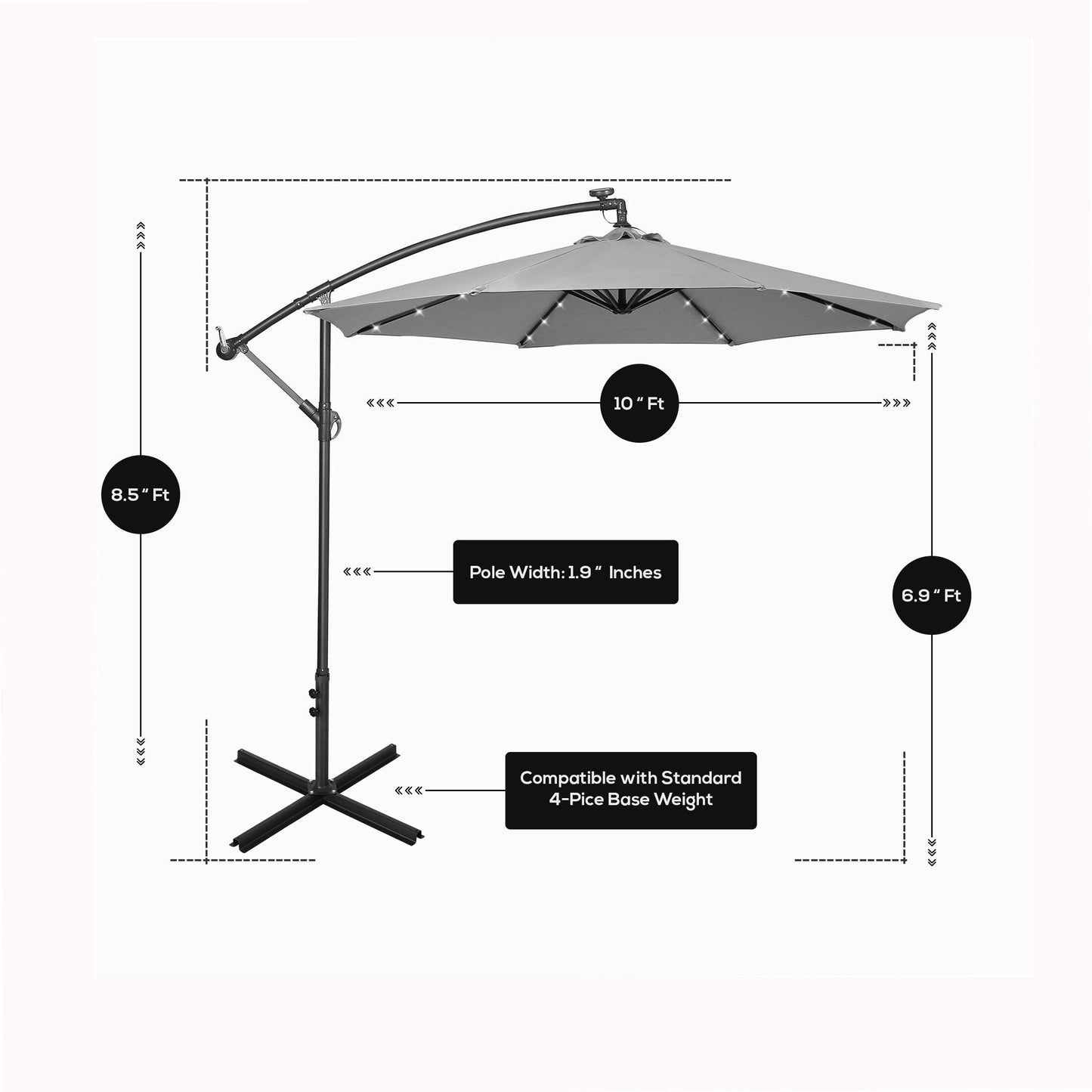 Ombrellone da giardino illuminato a energia solare da 10 piedi con base
