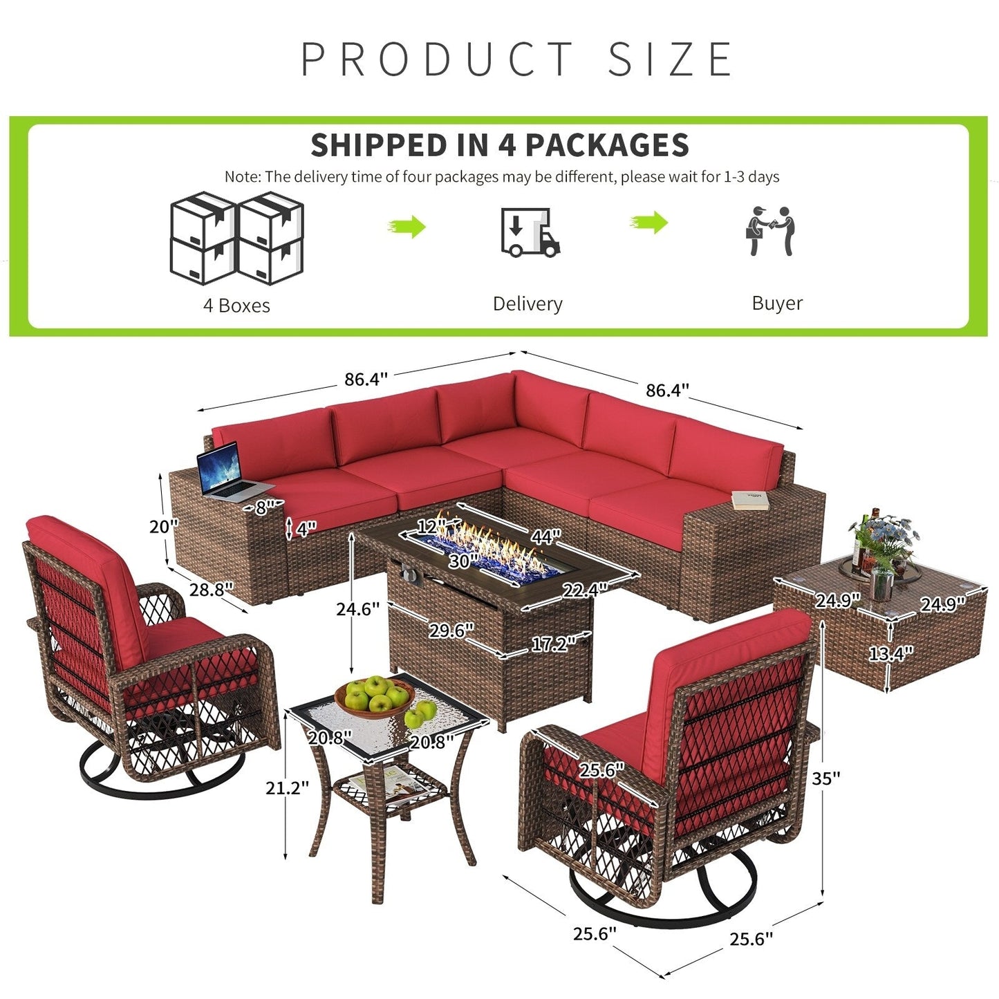 Set di 10 mobili da giardino con tavolo con braciere