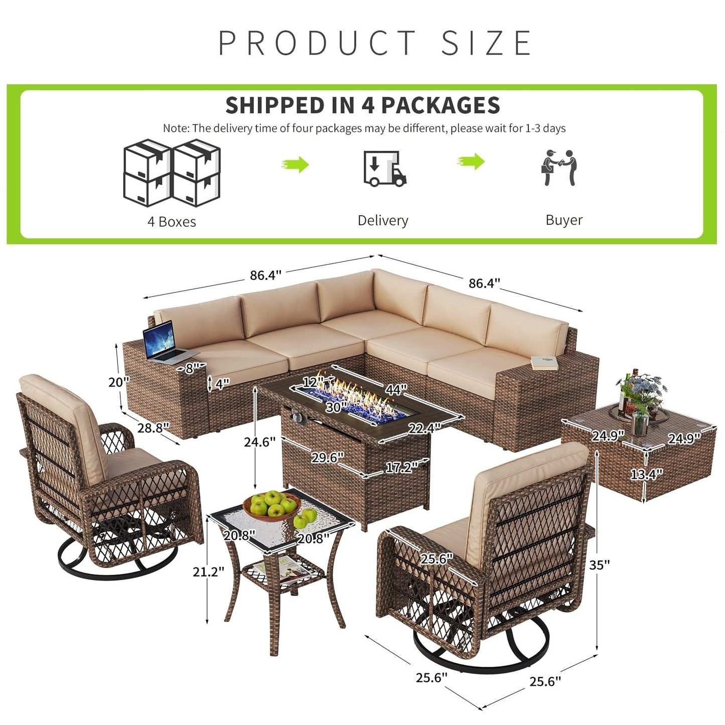 Set di 10 mobili da giardino con tavolo con braciere