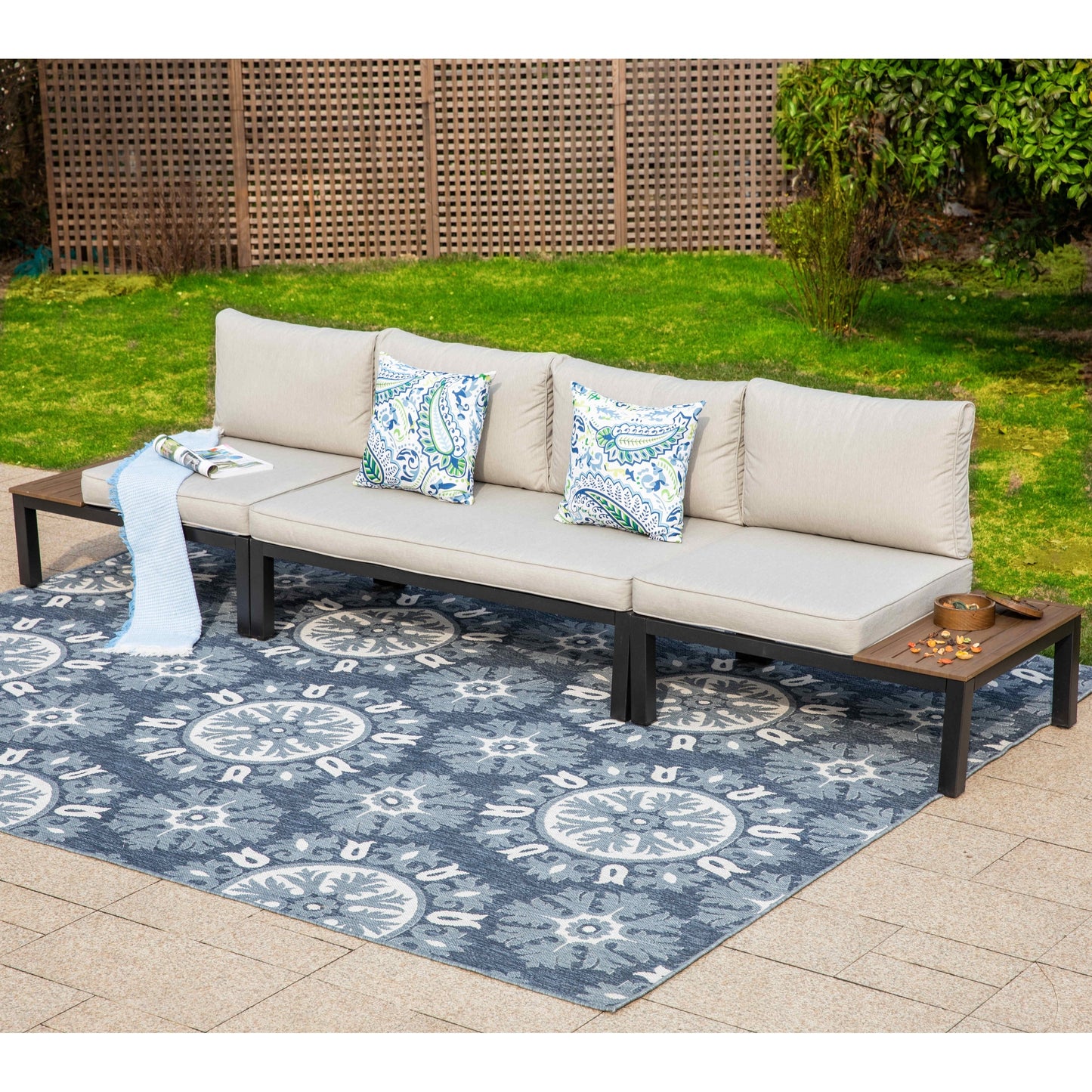 Set di divani componibili da giardino da 10 posti, struttura in acciaio con rivestimento E, set da conversazione con tavolino laterale incorporato, cuscino grigio