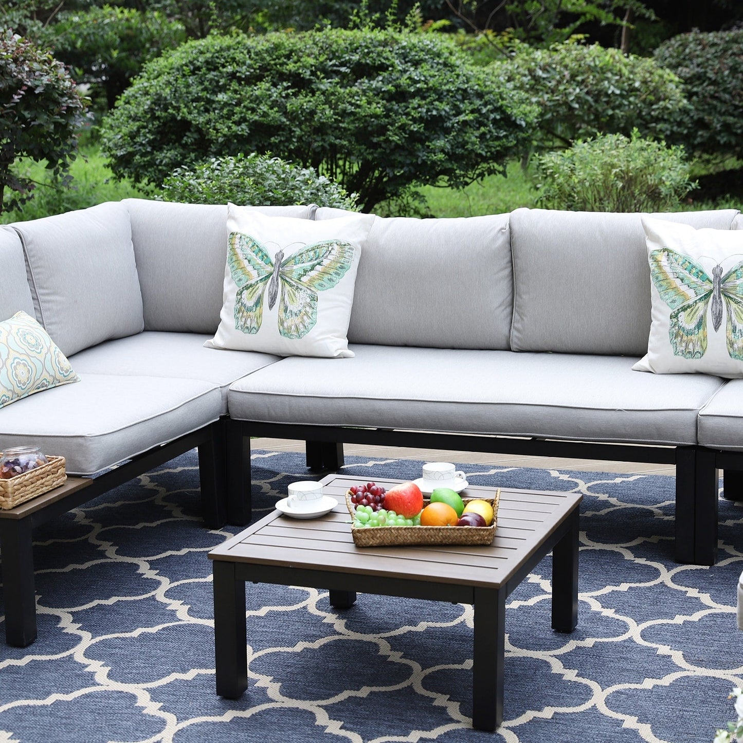 Set di divani componibili da giardino da 10 posti, struttura in acciaio con rivestimento E, set da conversazione con tavolino laterale incorporato, cuscino grigio