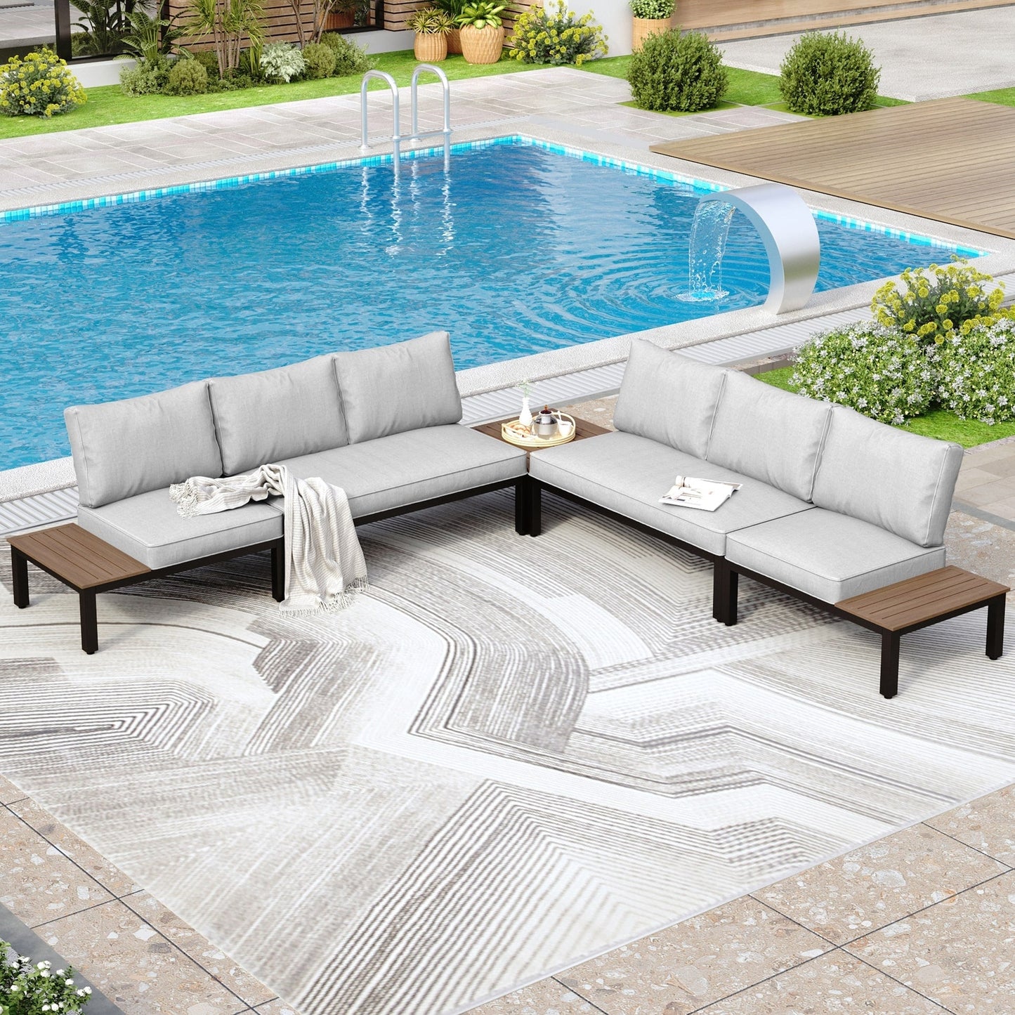 Set di divani componibili da giardino da 10 posti, struttura in acciaio con rivestimento E, set da conversazione con tavolino laterale incorporato, cuscino grigio