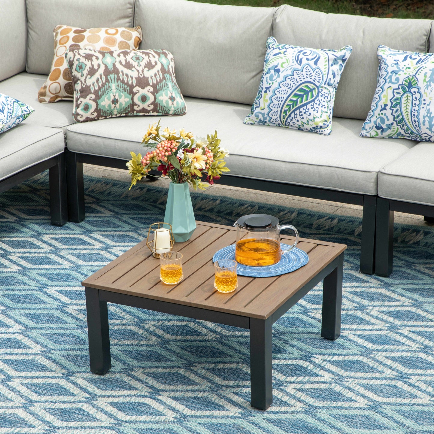 Set di divani componibili da giardino da 10 posti, struttura in acciaio con rivestimento E, set da conversazione con tavolino laterale incorporato, cuscino grigio