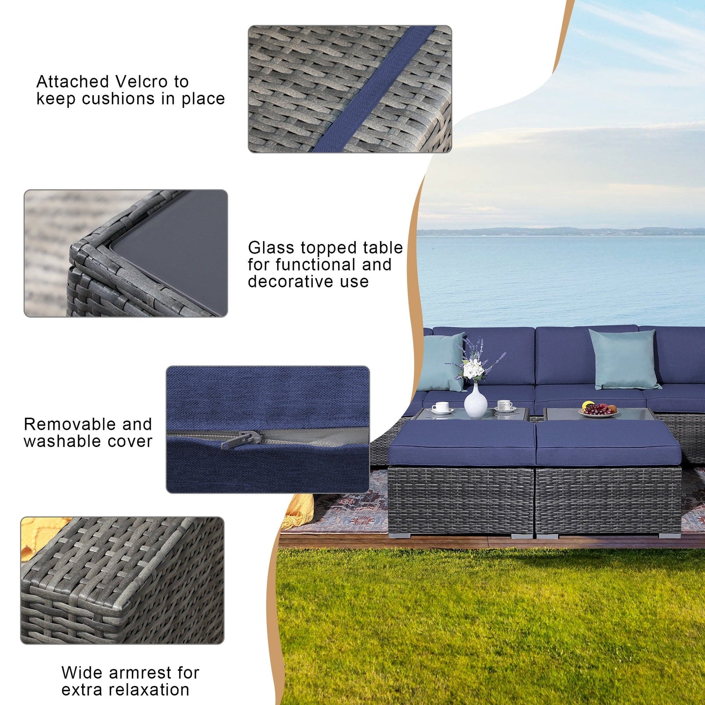 Set di divani componibili in vimini da 10 pezzi