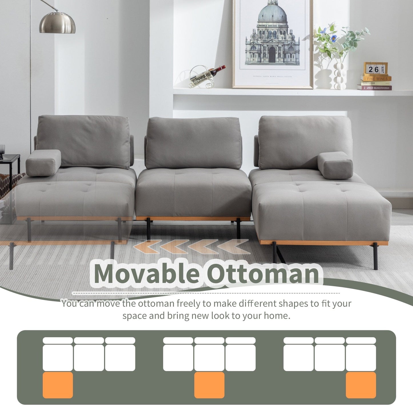 Divano a L in tessuto da 100,7'' con pouf mobile e gambe in metallo