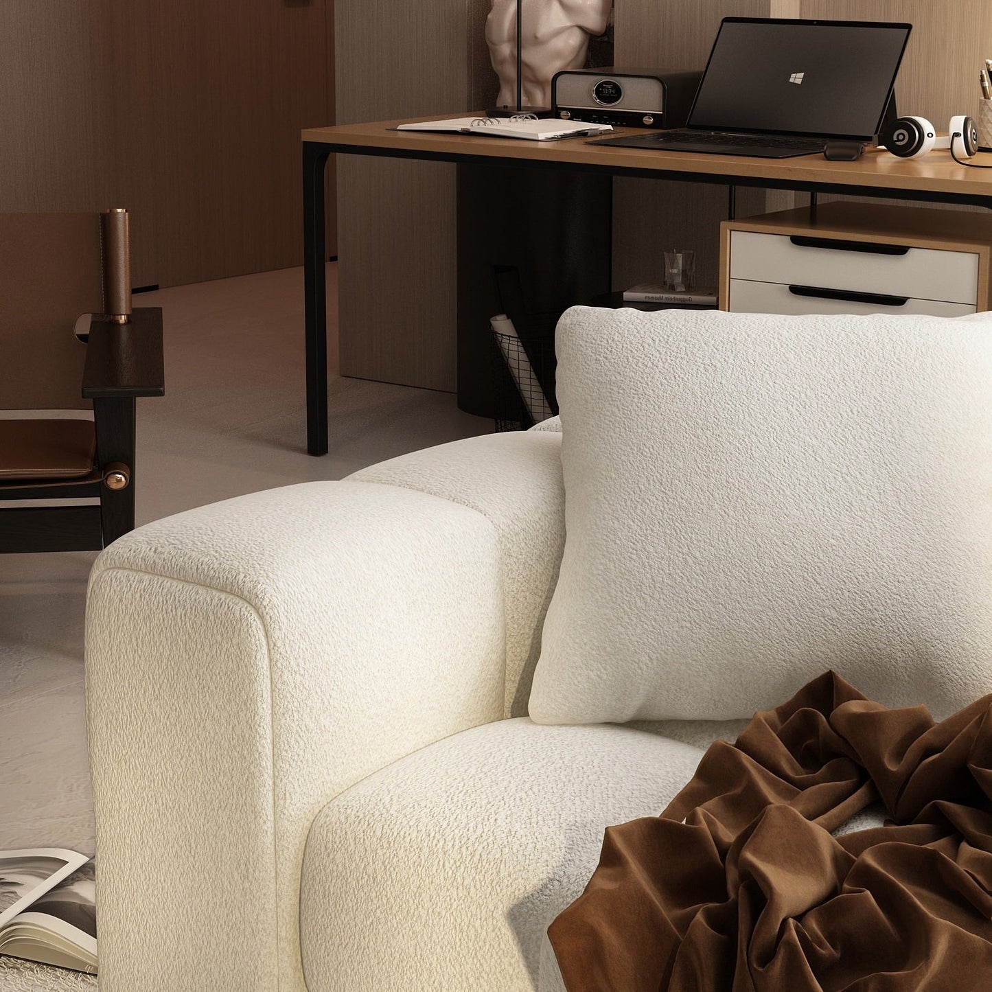 Divano Teddy in velluto bianco con struttura in legno da 100,8 W, per 4 persone