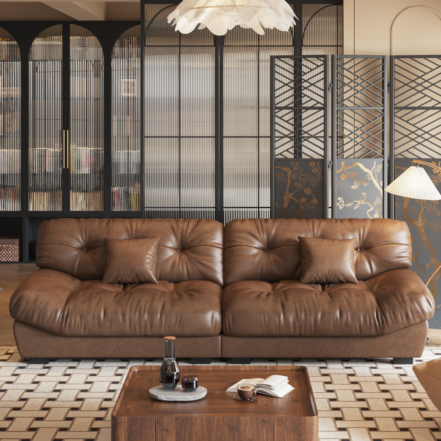 Divano in pelle e piume Mid-Century a 3 posti 102.4 - 110,2 x 31,9