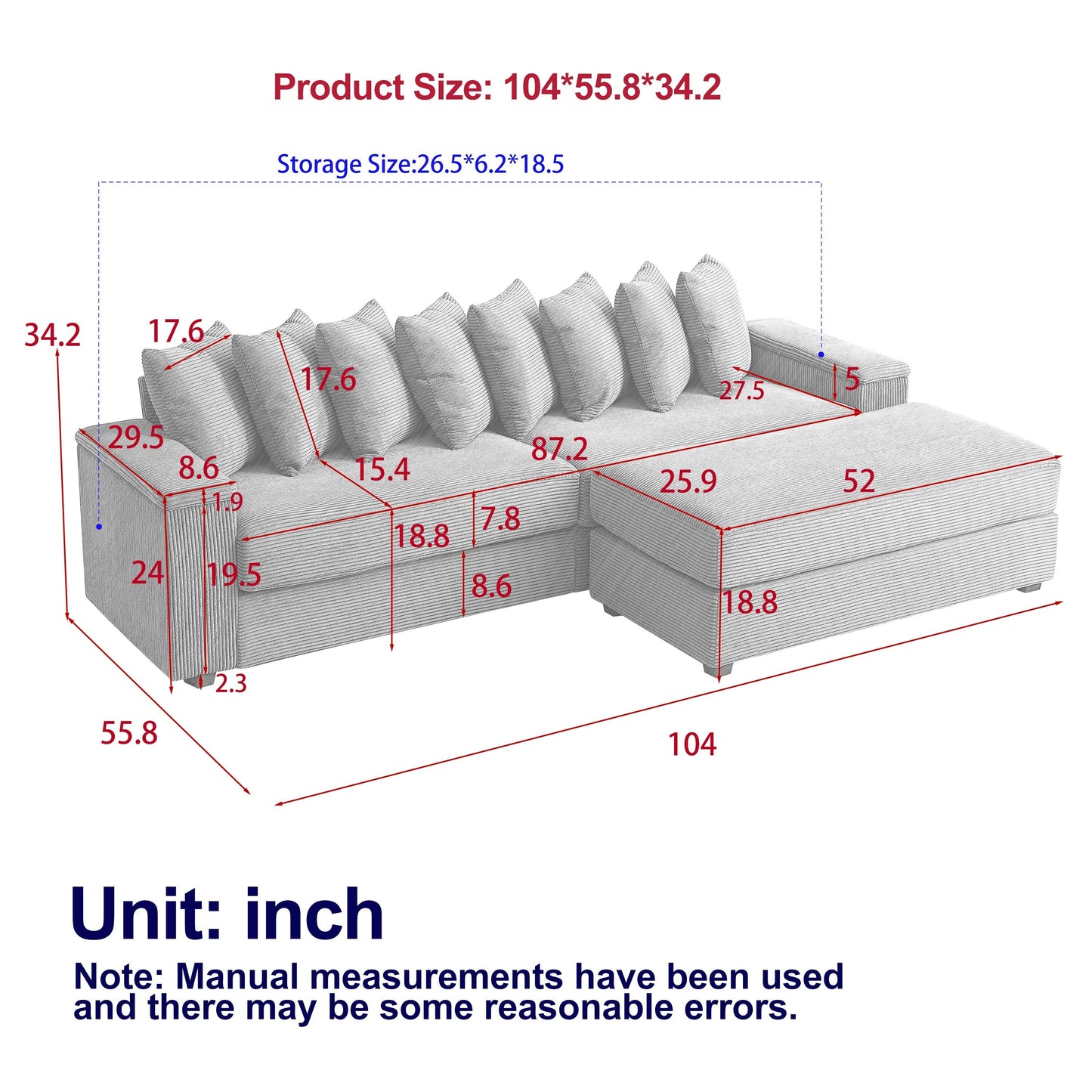 Divano a L in velluto a coste oversize da 104 pollici con chaise longue