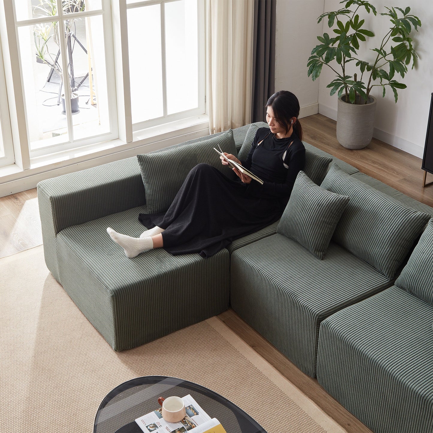 Divano componibile modulare a forma di L in velluto a coste da 104 pollici, set di divani da pavimento, divano compresso imbottito in schiuma, combinazione libera di 4 pezzi