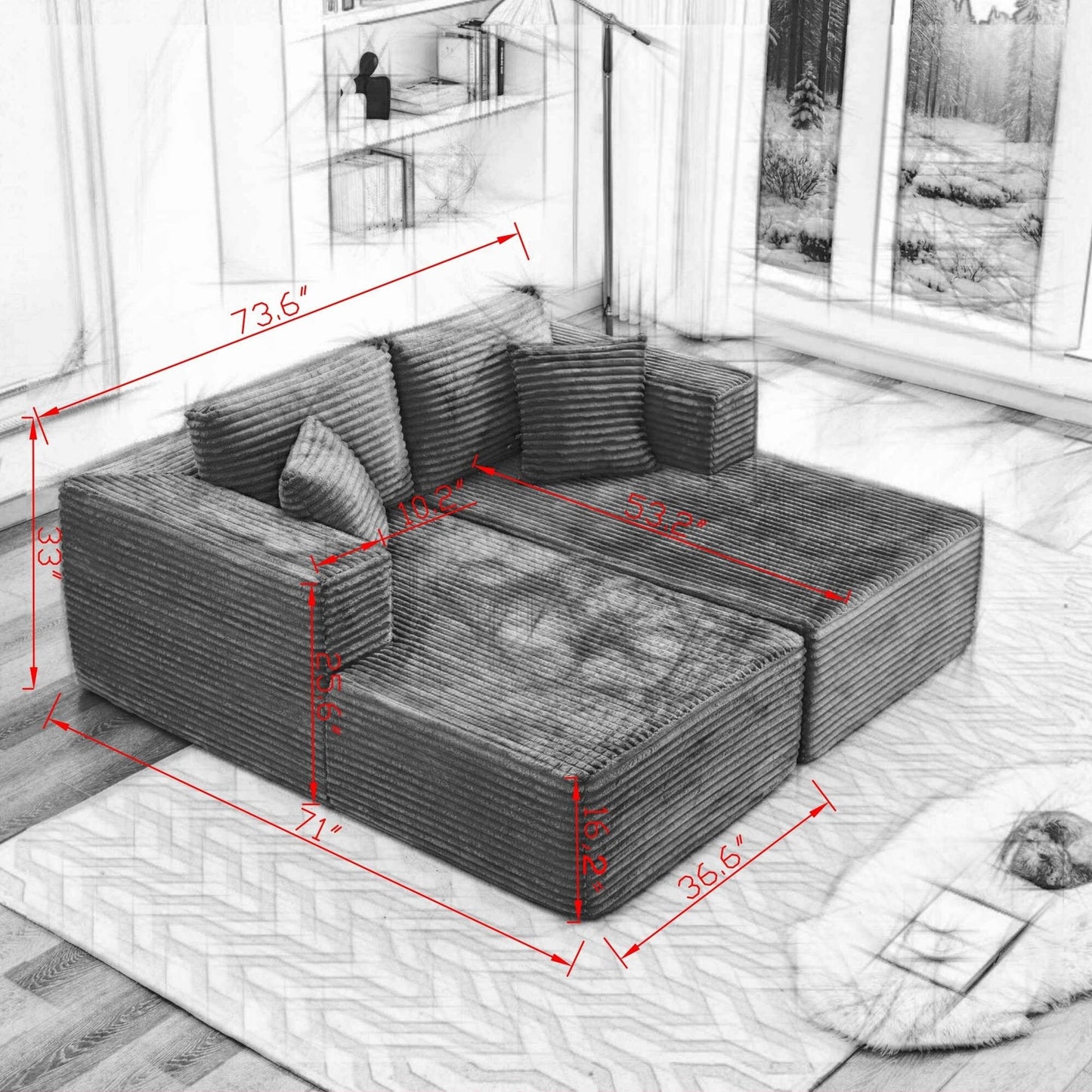 Divano componibile 106 Cloud con doppia chaise longue, divano modulare moderno con seduta profonda per soggiorno, non richiede montaggio
