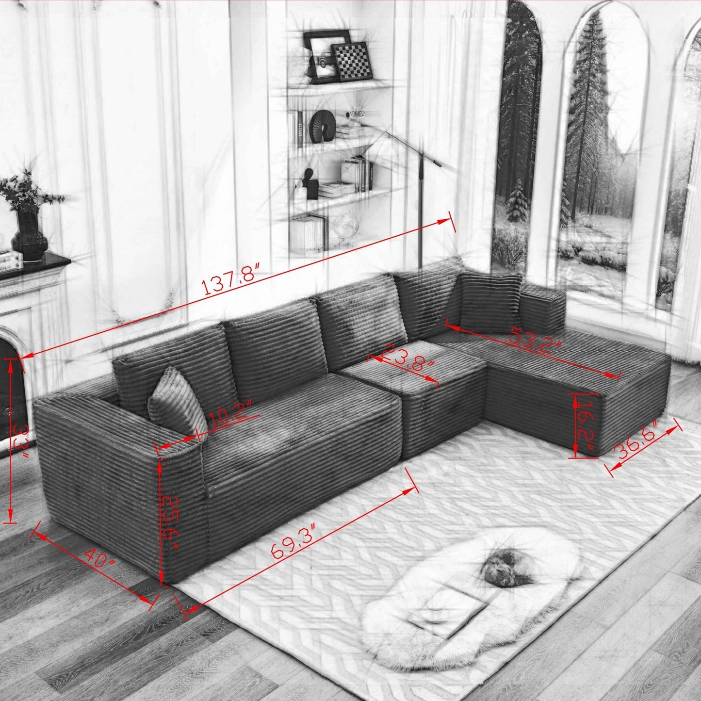 Divano componibile 106 Cloud a forma di L con chaise longue rivolta a destra, divano modulare moderno con seduta profonda per soggiorno, non richiede montaggio