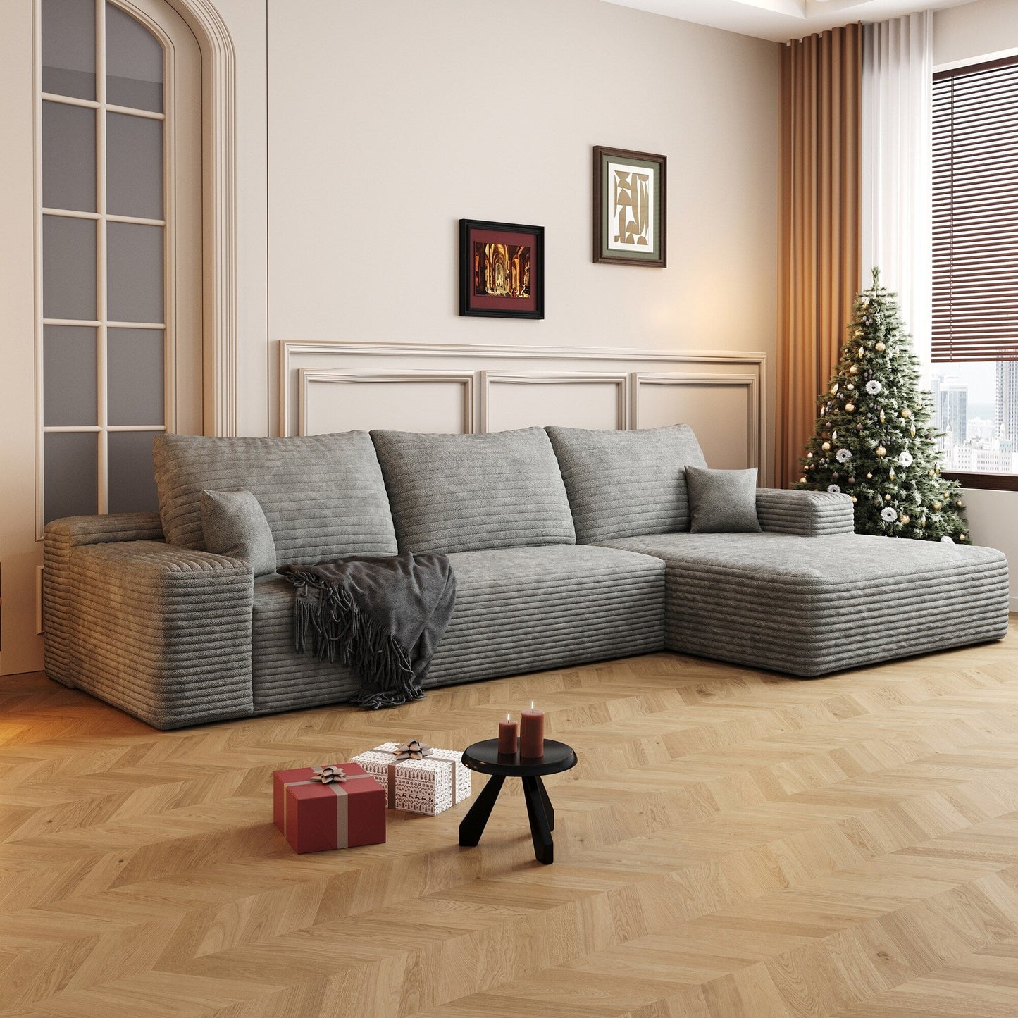 Divano componibile modulare in velluto a coste da 107 pollici con chaise longue e seduta profonda per soggiorno, camera da letto