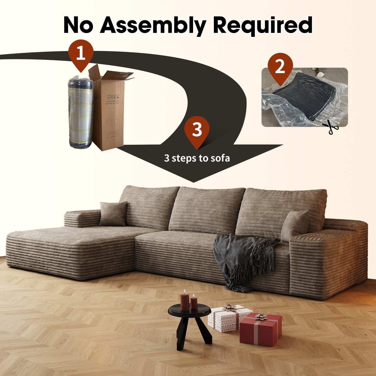 Divano componibile modulare in velluto a coste da 107 pollici con chaise longue e seduta profonda per soggiorno, camera da letto