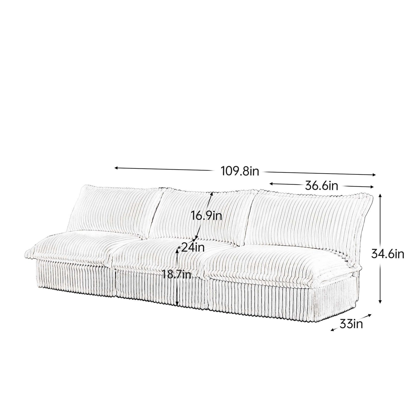 Divano a 3 posti senza braccioli in velluto a coste 109.8 per soggiorno e camera da letto