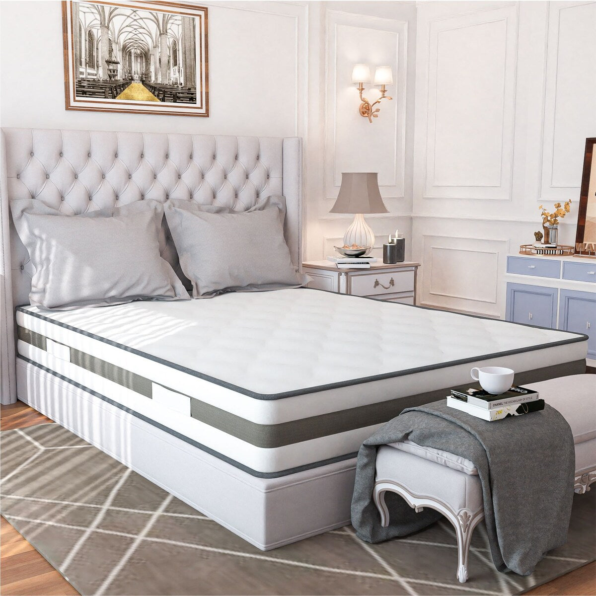 Materasso a molle insacchettate in memory foam con 10 molle insacchettate in gel con parte superiore stretta