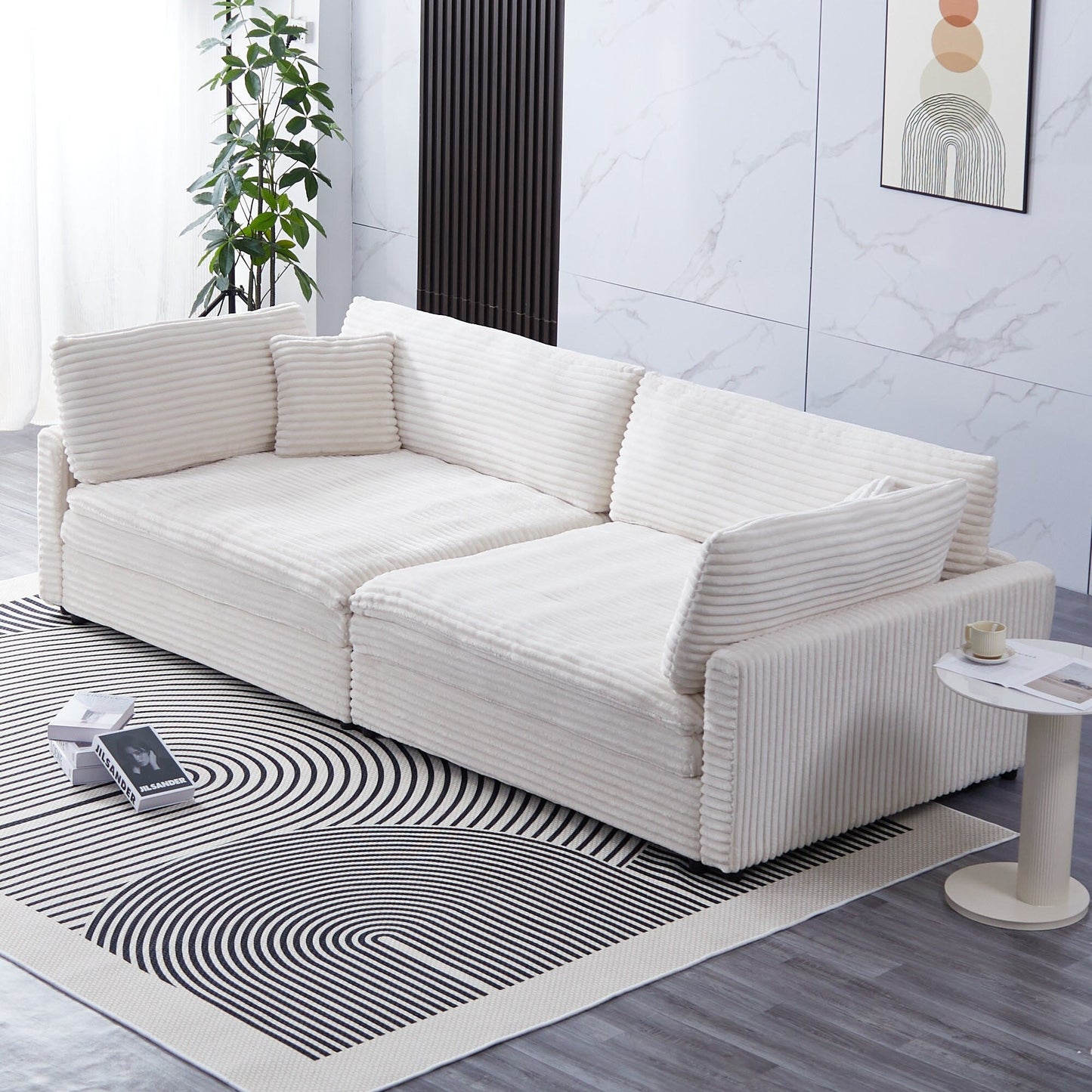 Divano in velluto a coste nero da 112 pollici: due cuscini, quattro schienali, per un nuovo stile per la zona relax del soggiorno