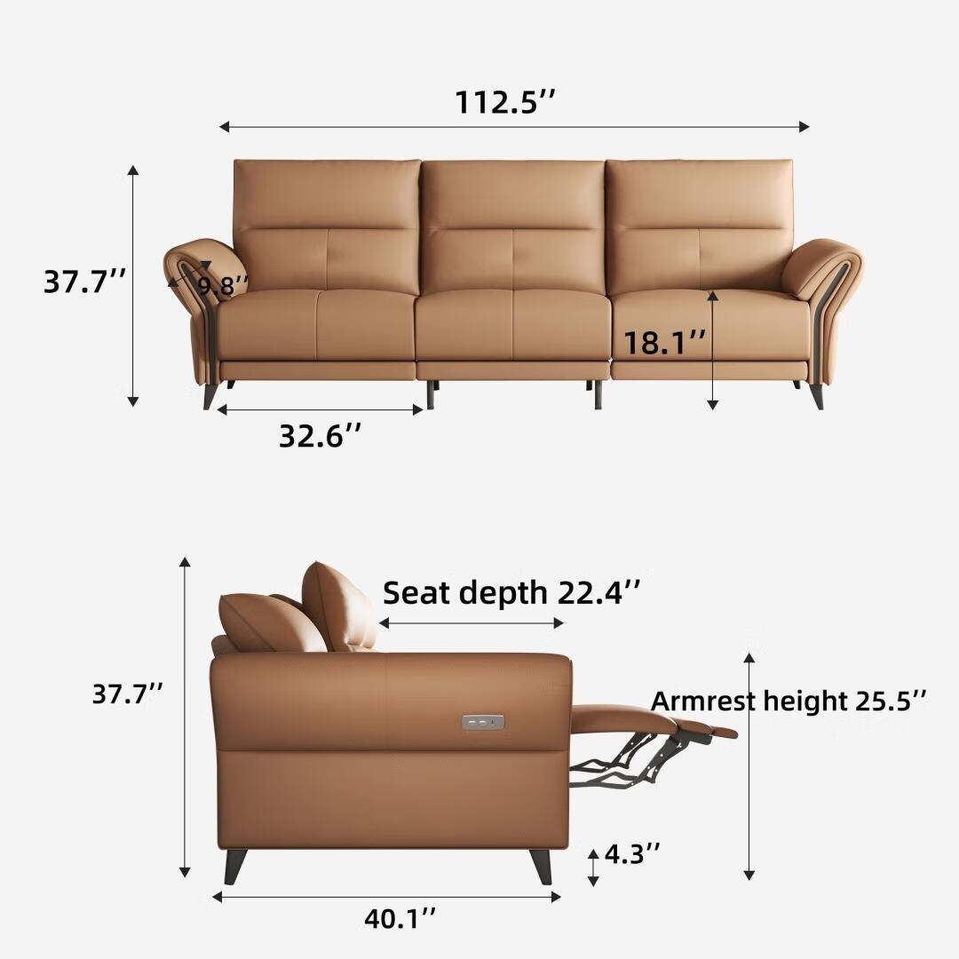 Divano reclinabile elettrico in pelle vegana da 112,5'' con porta di ricarica USB