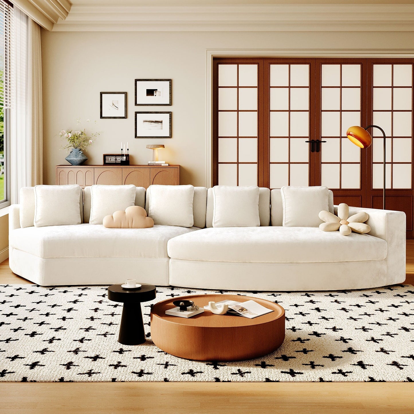 Divano modulare in schiuma pura 115.7, set da 2 pezzi con 5 cuscini, 4 posti, tessuto jacquard ciniglia, design curvo