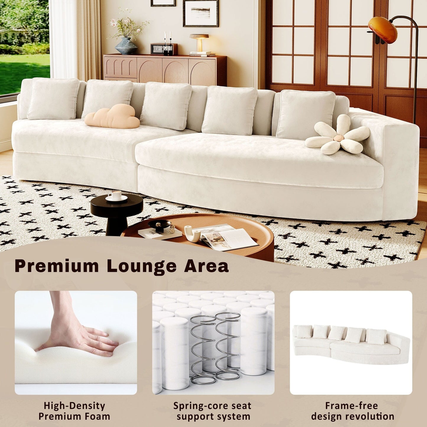 Divano modulare in schiuma pura 115.7, set da 2 pezzi con 5 cuscini, 4 posti, tessuto jacquard ciniglia, design curvo