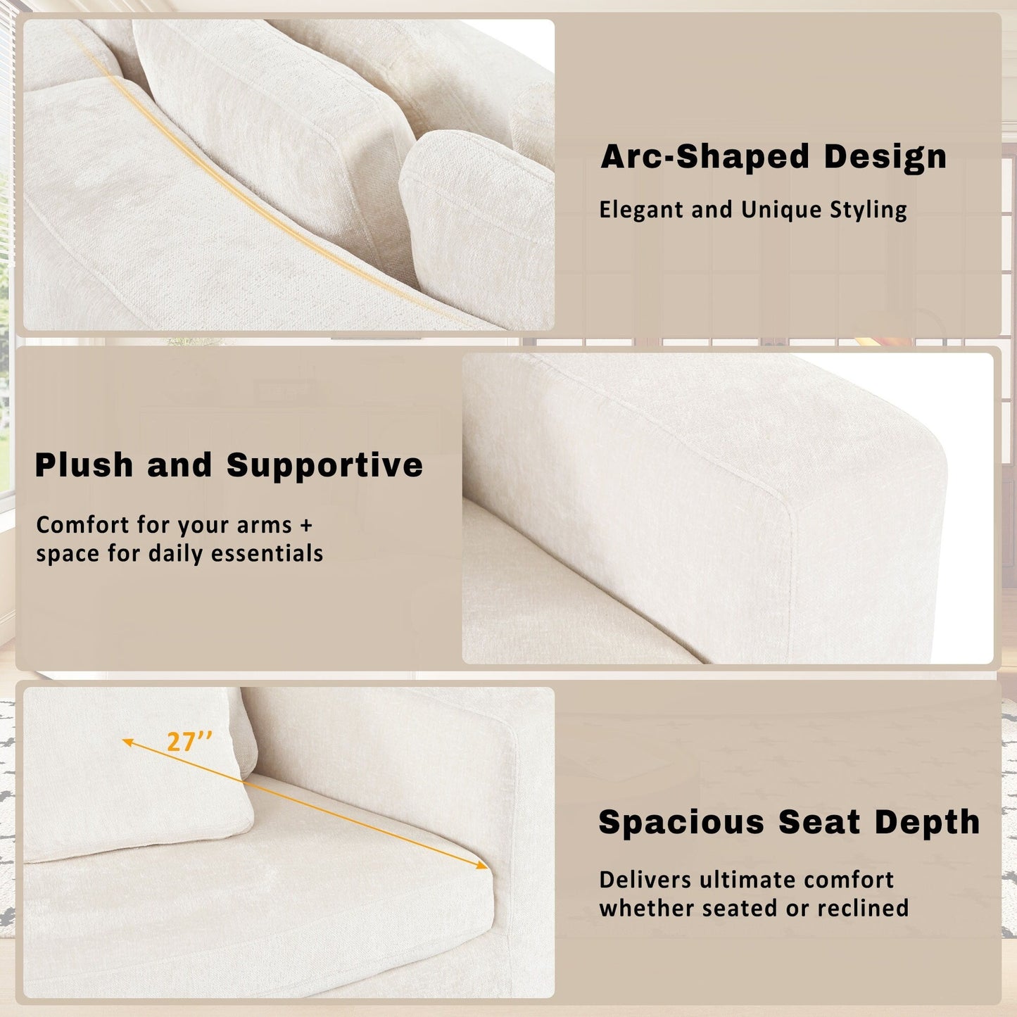 Divano modulare in schiuma pura 115.7, set da 2 pezzi con 5 cuscini, 4 posti, tessuto jacquard ciniglia, design curvo