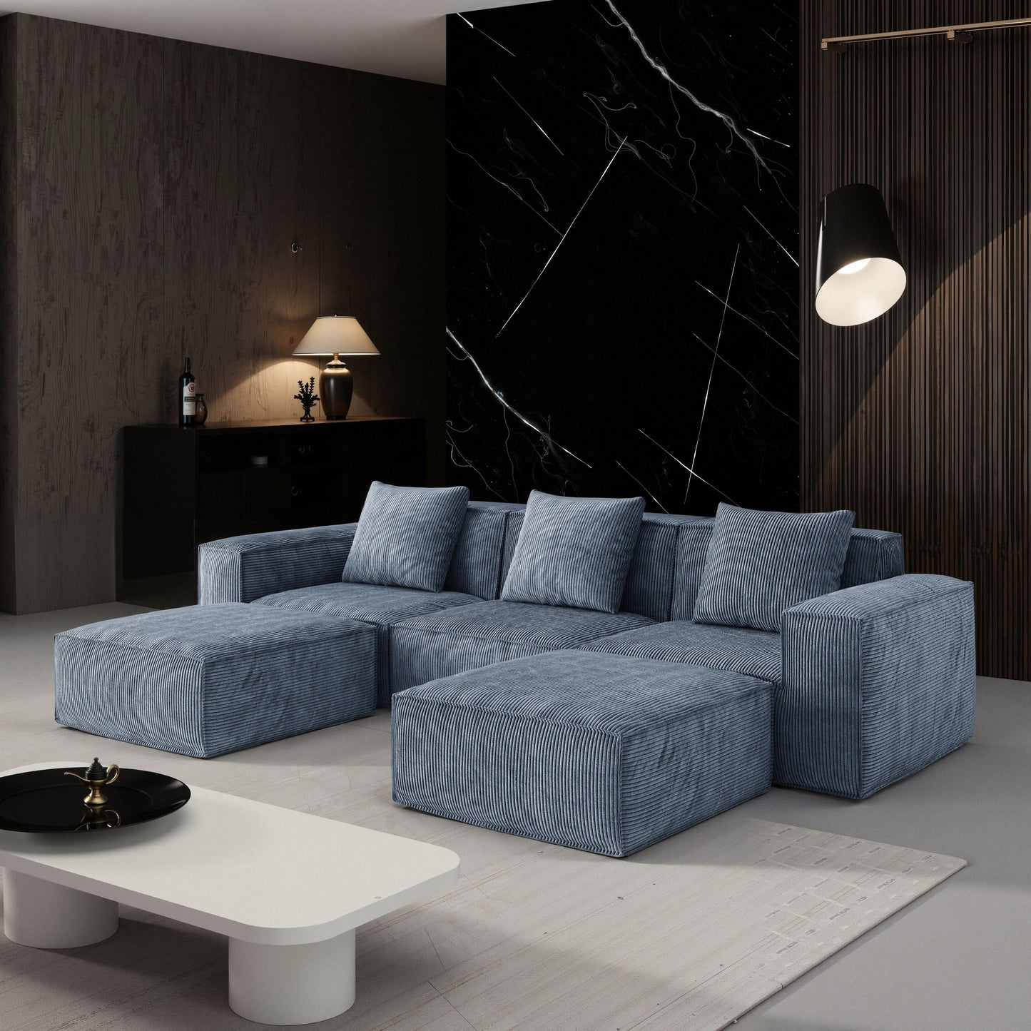 Divano letto modulare da 118 pollici trasformabile in 3 posti con poggiapiedi in velluto a coste grigio