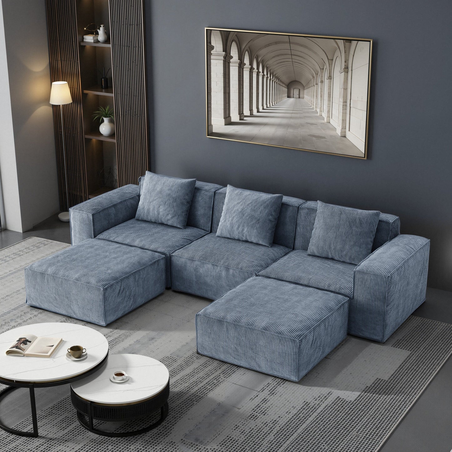Divano letto modulare da 118 pollici trasformabile in 3 posti con poggiapiedi in velluto a coste grigio