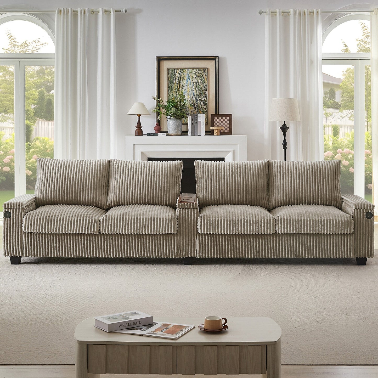 Divano in velluto a coste 133 a 4 posti - Divano contenitore moderno con porte USB e portabicchieri ribaltabili