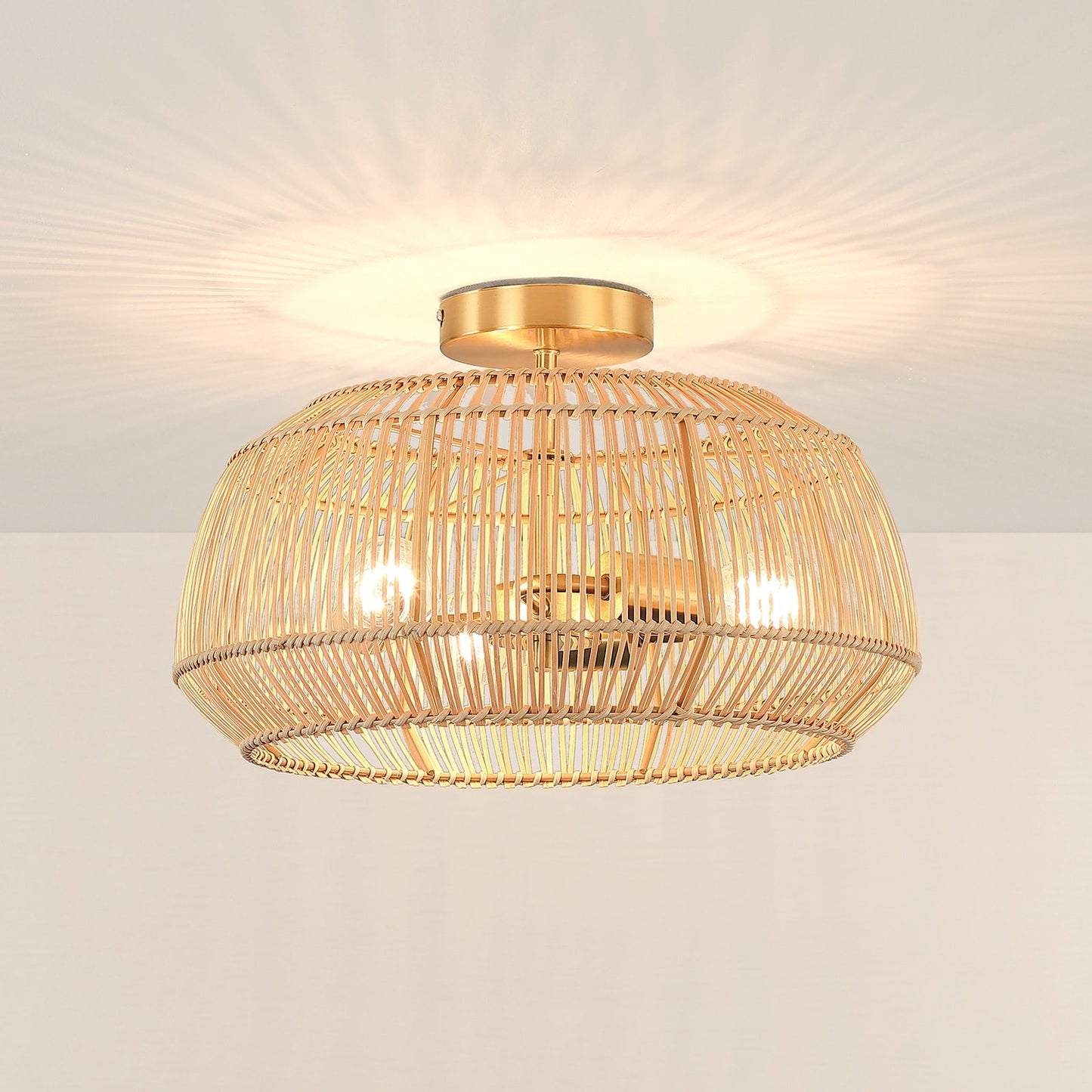 Lampada da soffitto semi-incassata in rattan bohémien a 2 luci - Ottone