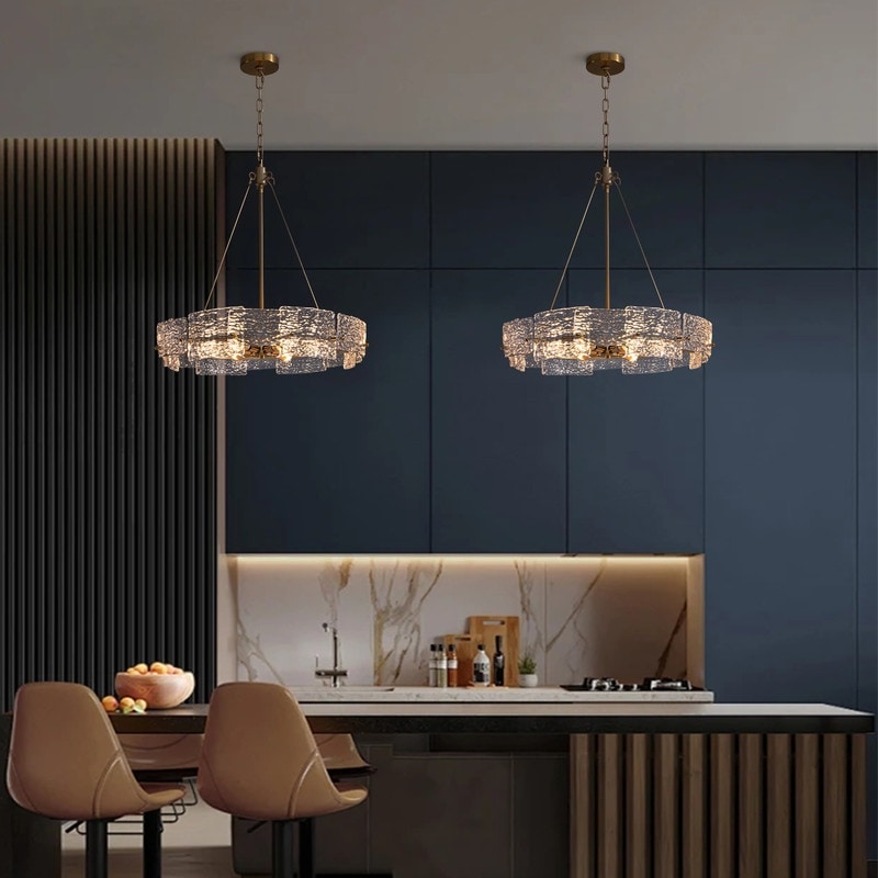 Lampadario moderno in cristallo dorato da 23,6 pollici, 6 luci, lampada a sospensione Glam Drum per isola cucina sala da pranzo