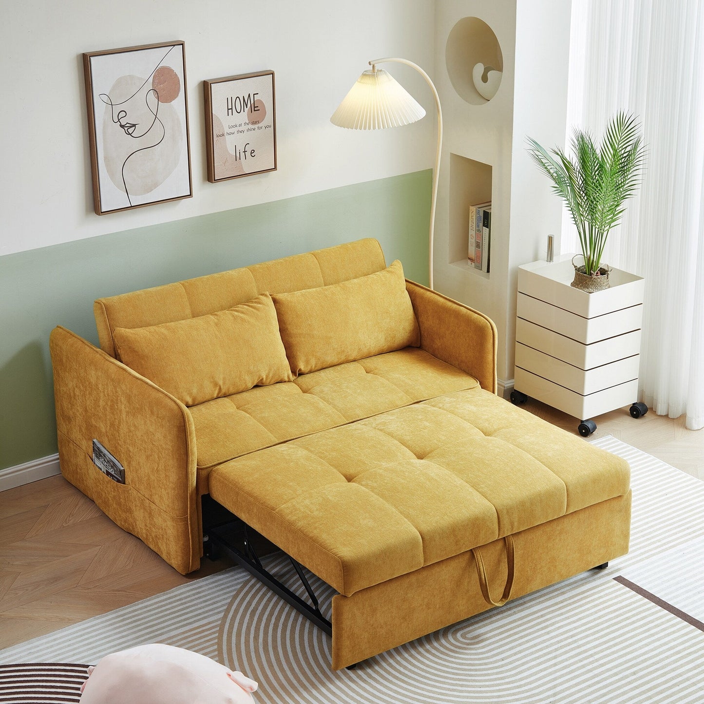 Divano letto estraibile in tessuto ciniglia giallo - 39,00 x 53,50 x 31,50