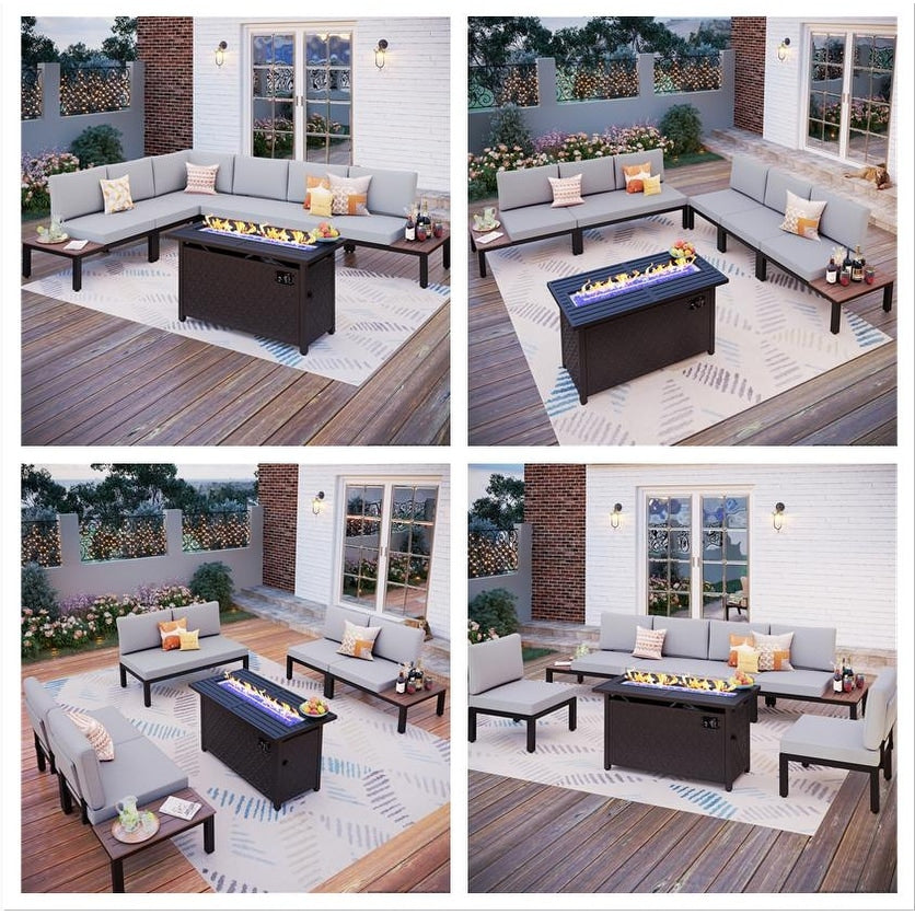 Set di divani componibili da giardino da 10 posti, struttura in acciaio con rivestimento E, set da conversazione con tavolino laterale incorporato, cuscino grigio