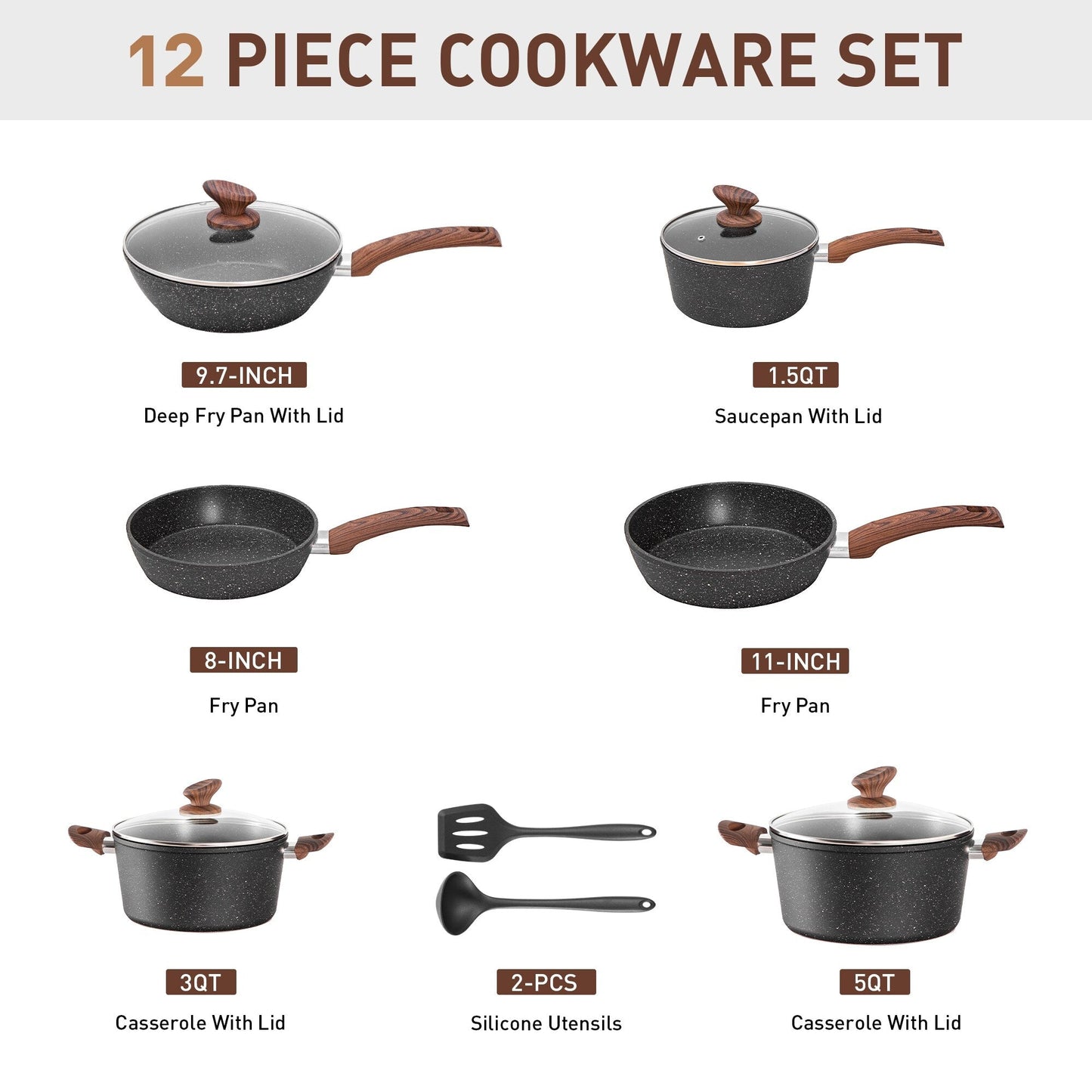 Set di pentole da cucina antiaderenti, set di pentole e padelle da 12 pezzi, set di cottura in granito