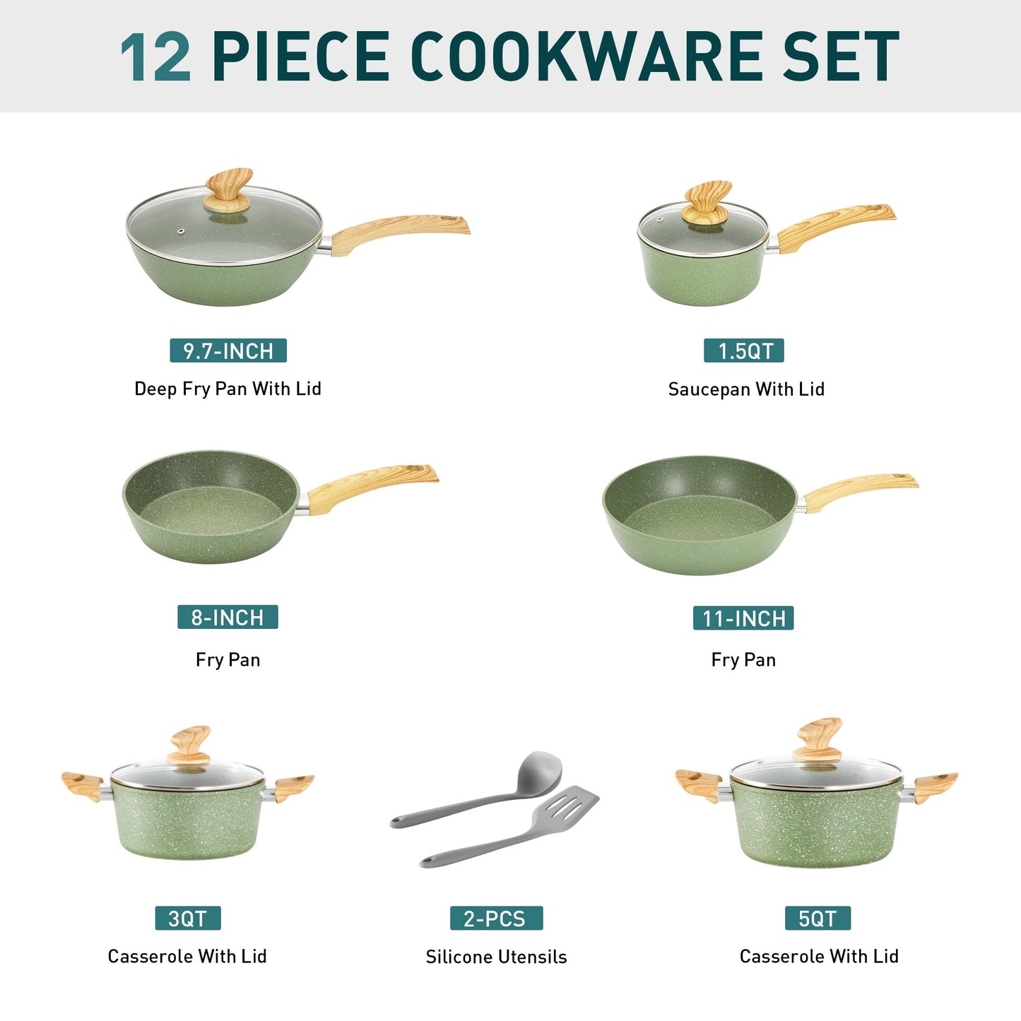 Set di pentole da cucina antiaderenti, set di pentole e padelle da 12 pezzi, set di cottura in granito