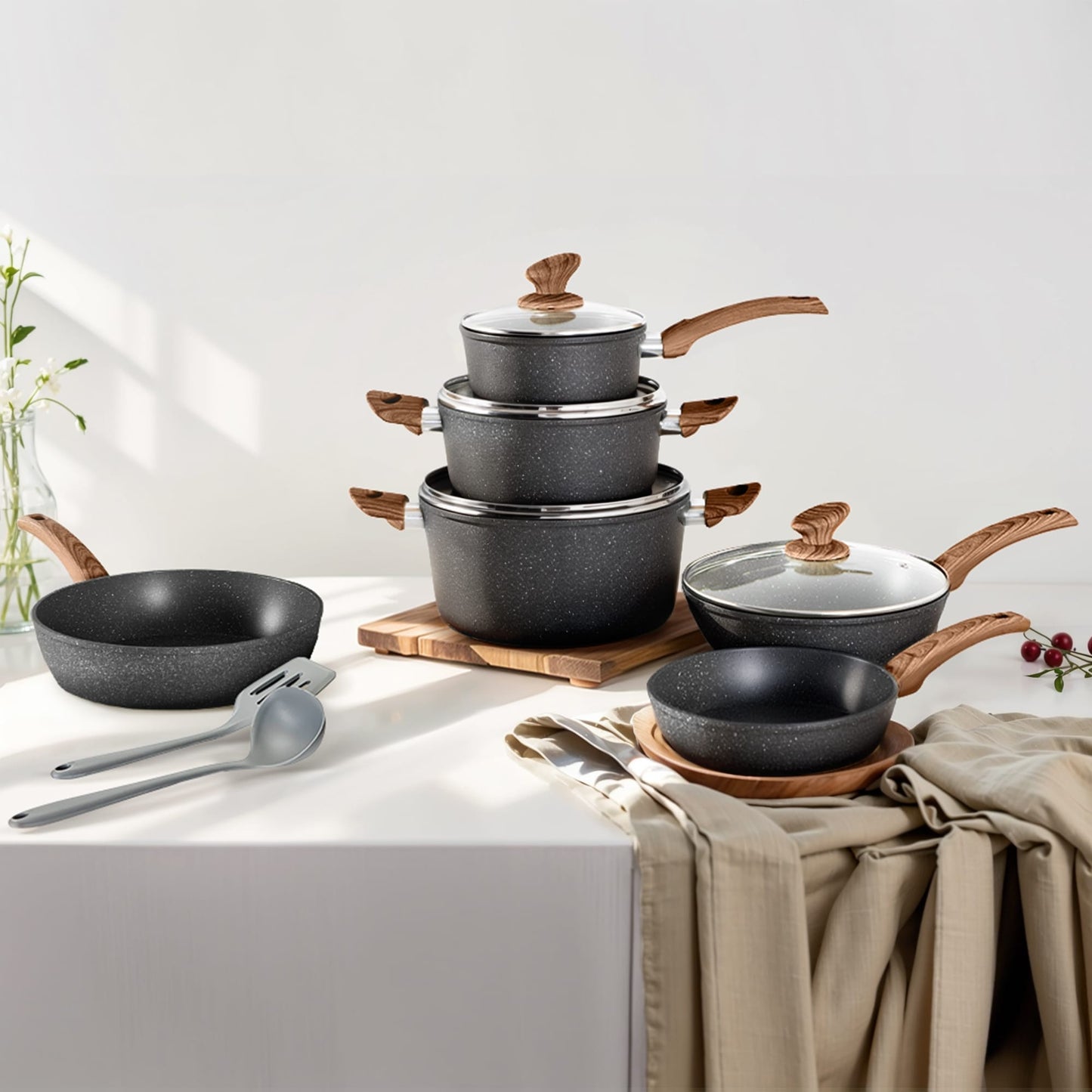 Set di pentole da cucina antiaderenti, set di pentole e padelle da 12 pezzi, set di cottura in granito