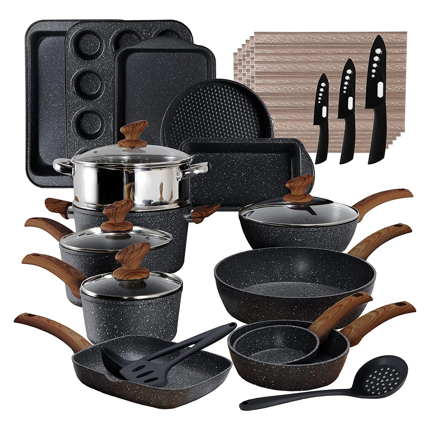 Set di pentole da cucina in granito, set di padelle antiaderenti da 12/15/30 pezzi