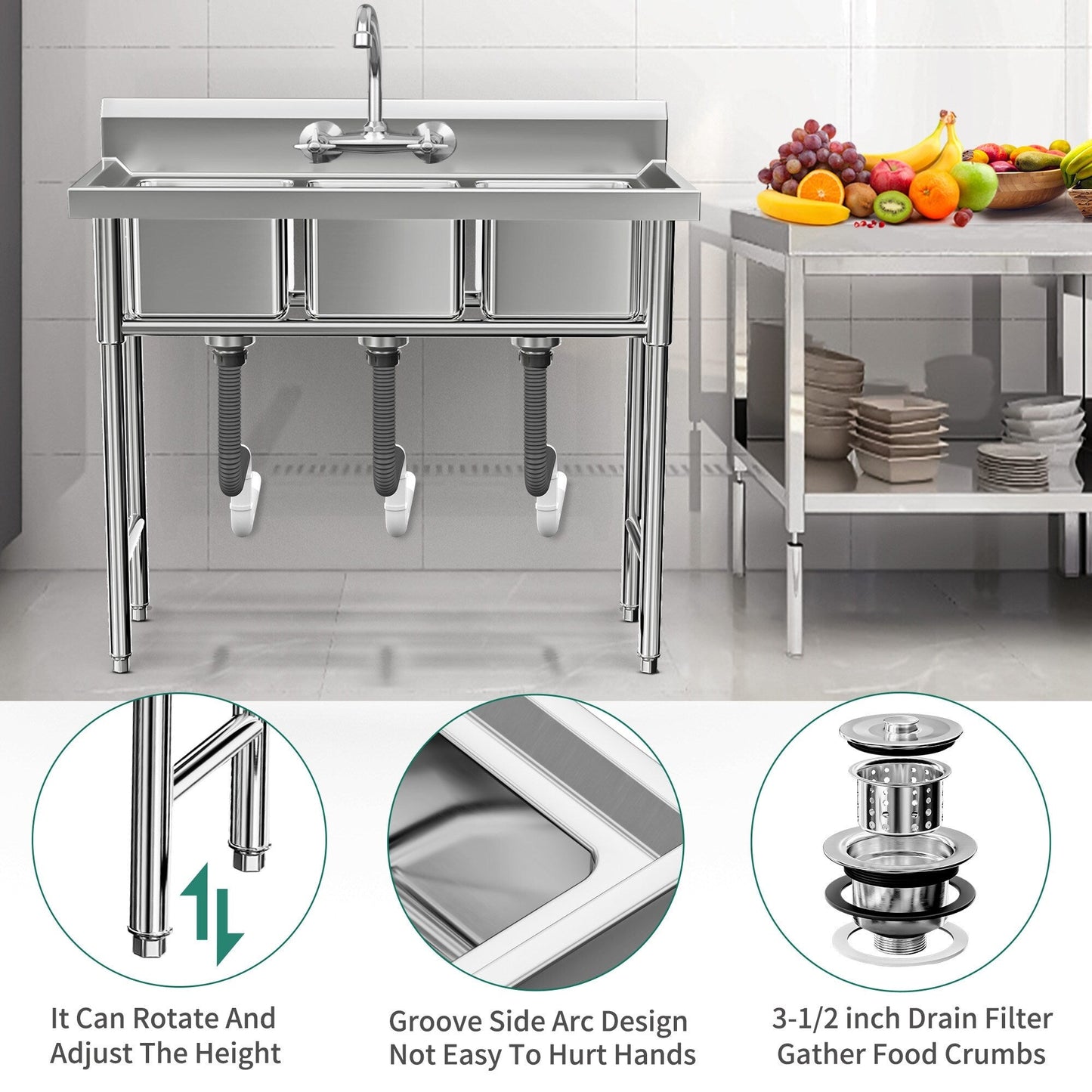 Lavello da cucina in acciaio inox con vasca a scomparti, lavello commerciale indipendente