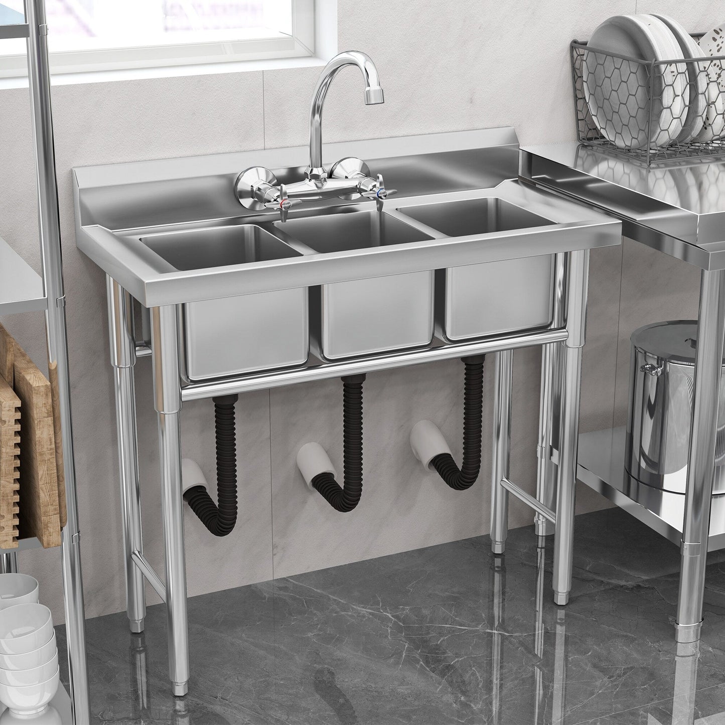 Lavello da cucina in acciaio inox con vasca a scomparti, lavello commerciale indipendente