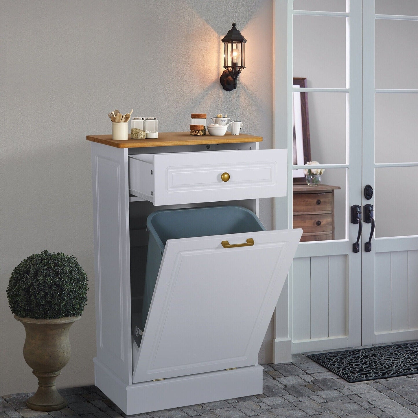 Cestino per rifiuti da cucina ribaltabile, cestino per rifiuti da banco in legno con cassetto