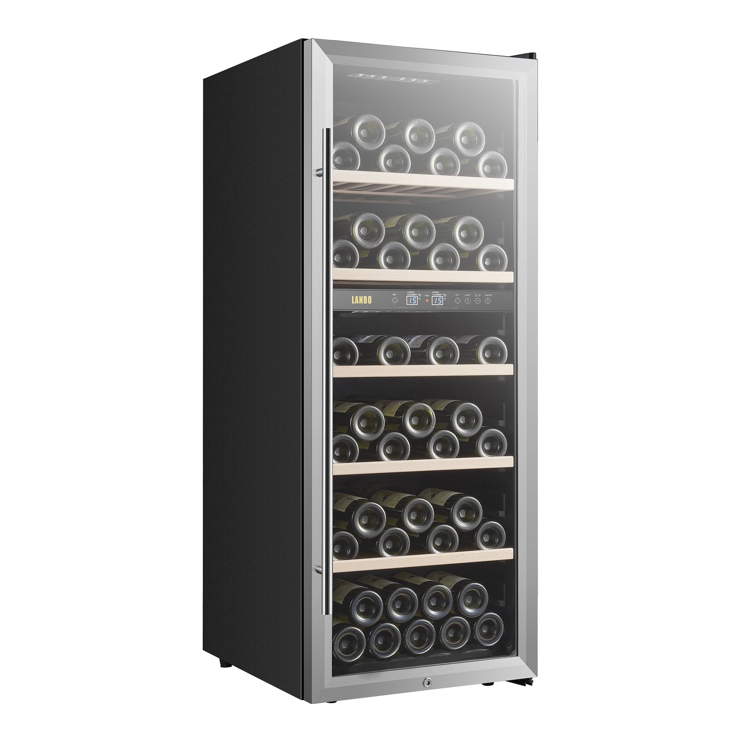 Cantinetta frigo per vino indipendente Lanbo da 20 pollici e 64 bottiglie a doppia zona, porta in vetro con finiture in acciaio inossidabile e due serrature di sicurezza