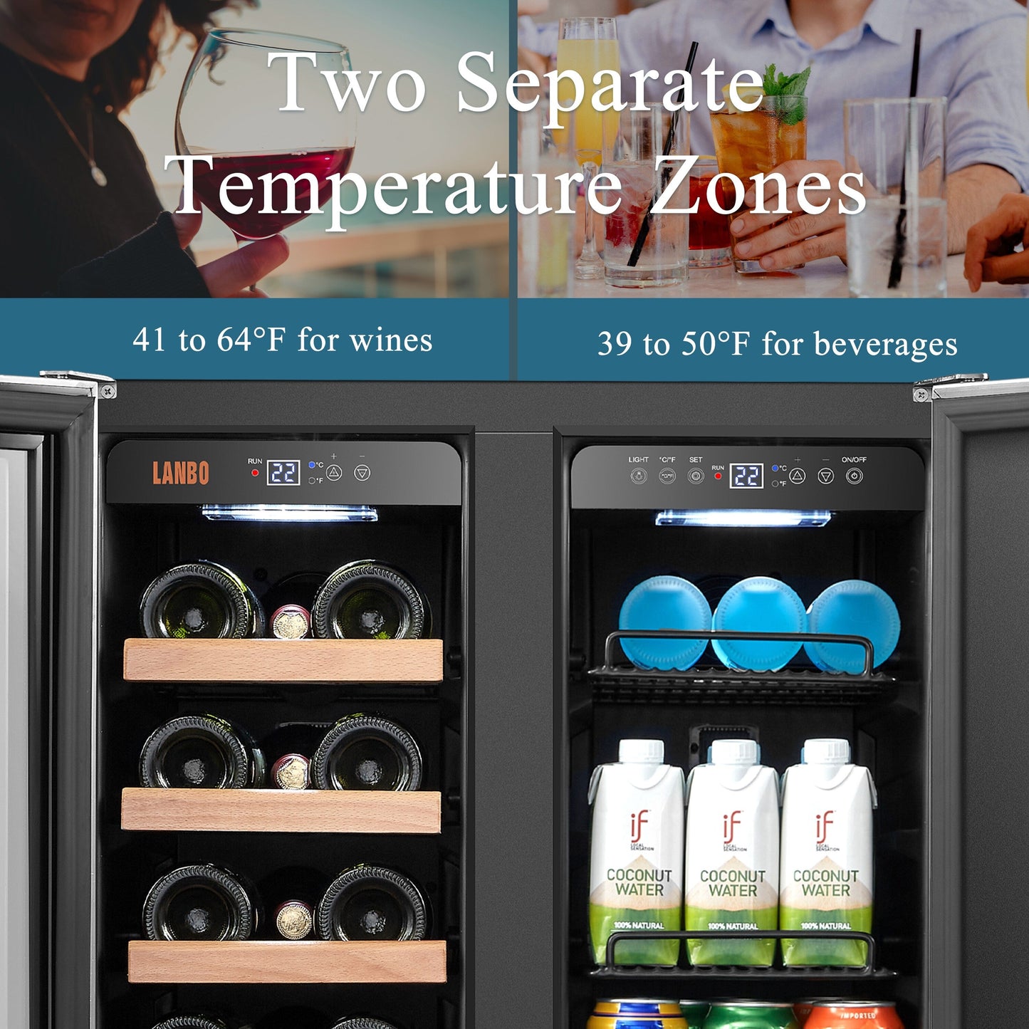 Refrigeratore Lanbo Dual Zone da 24 pollici per 18 bottiglie di vino e 55 lattine di bevande, in acciaio inossidabile e vetro con porta francese