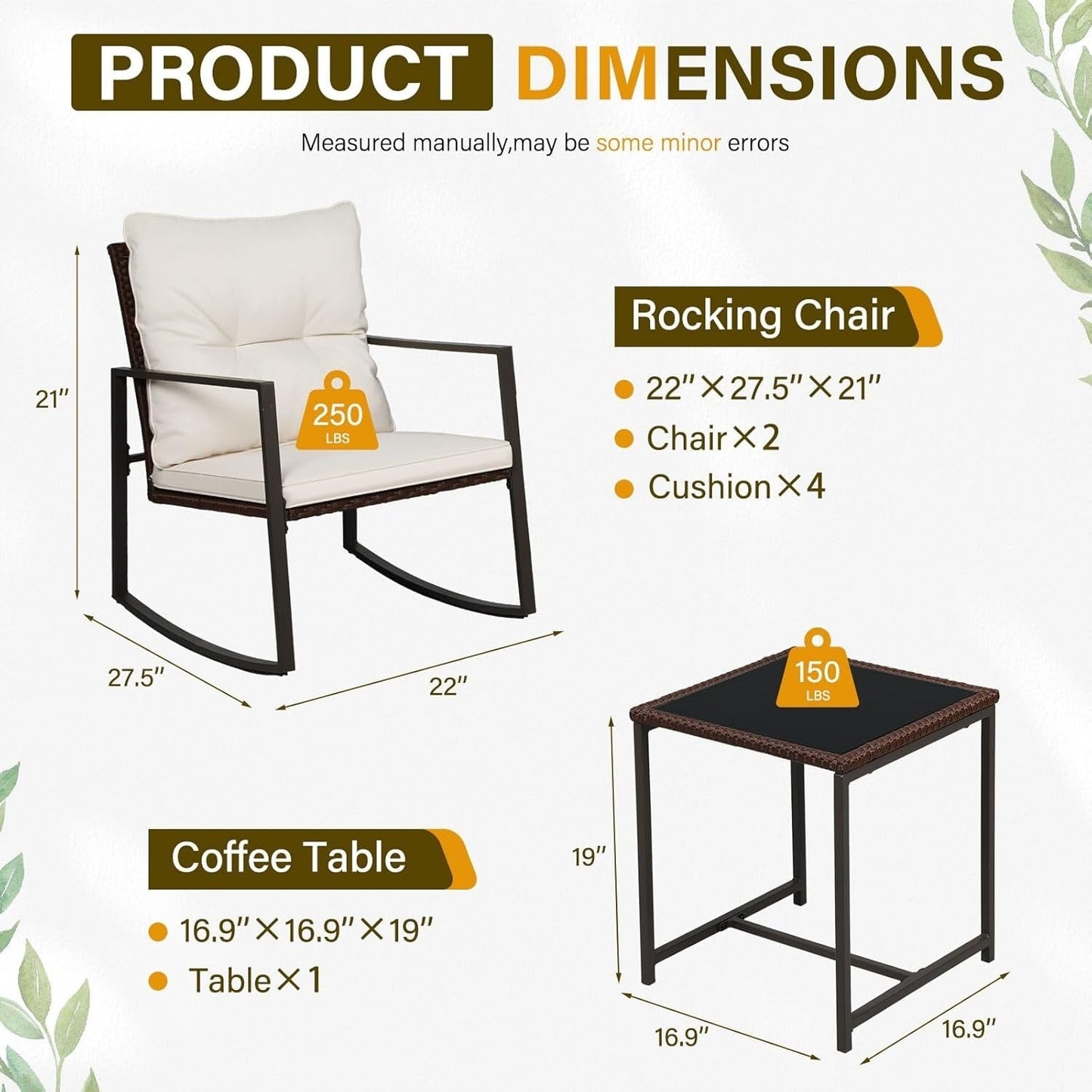 SUNCROWN Set da bistrot per conversazione con sedie a dondolo in vimini marrone/nero da esterno, 3 pezzi