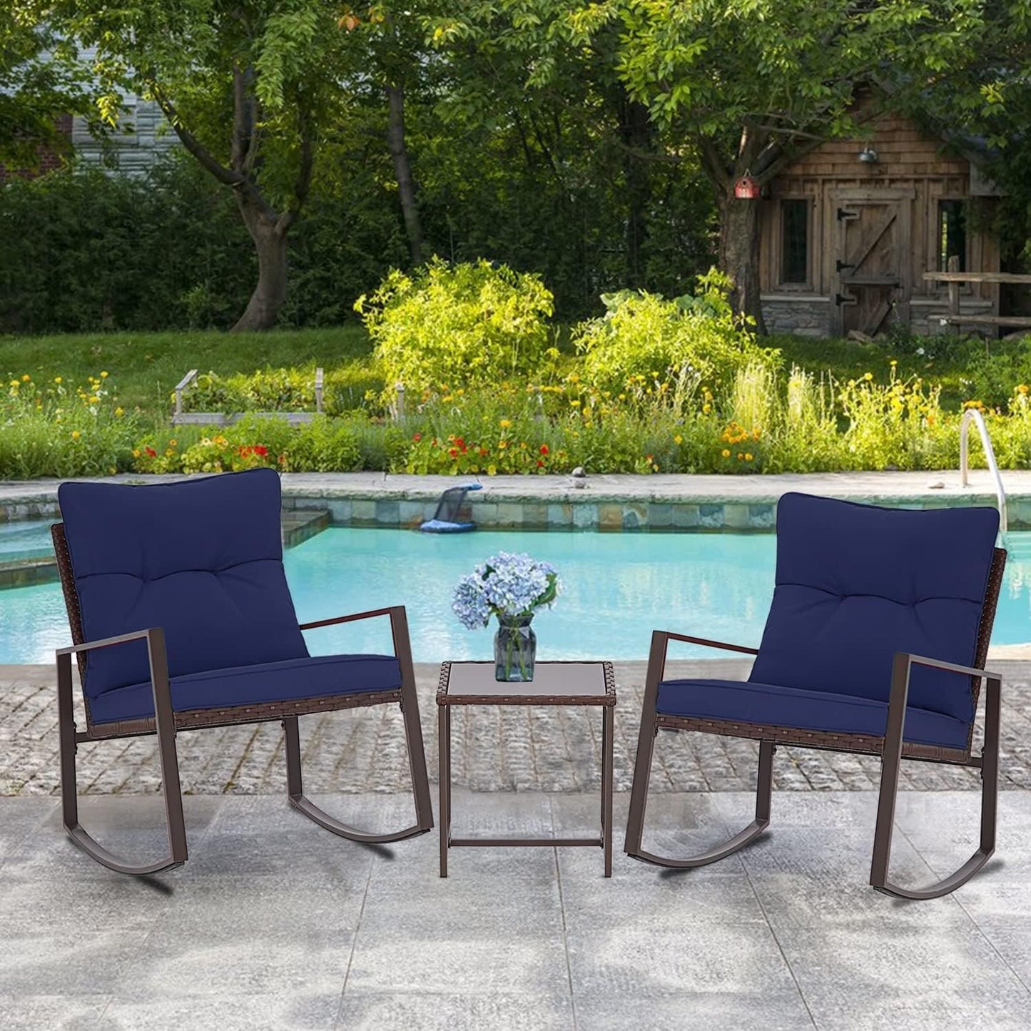 SUNCROWN Set da bistrot per conversazione con sedie a dondolo in vimini marrone/nero da esterno, 3 pezzi