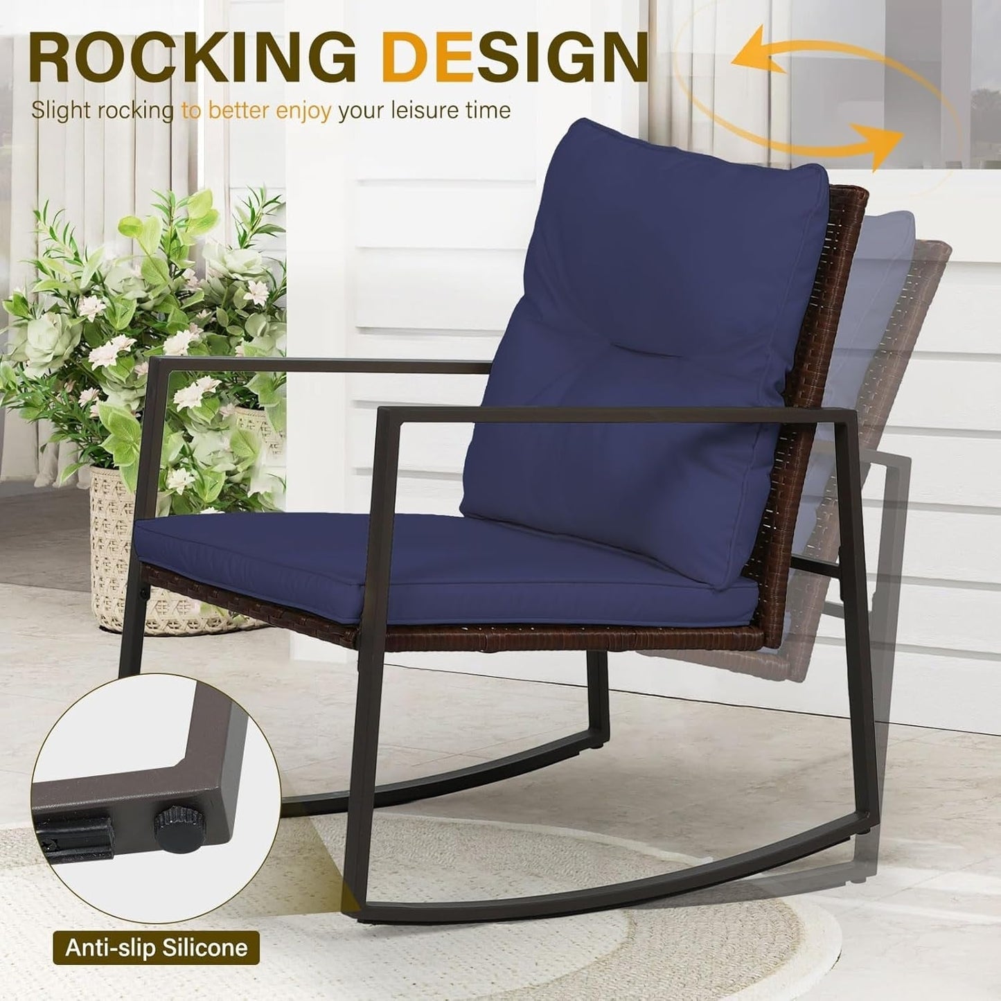 SUNCROWN Set da bistrot per conversazione con sedie a dondolo in vimini marrone/nero da esterno, 3 pezzi