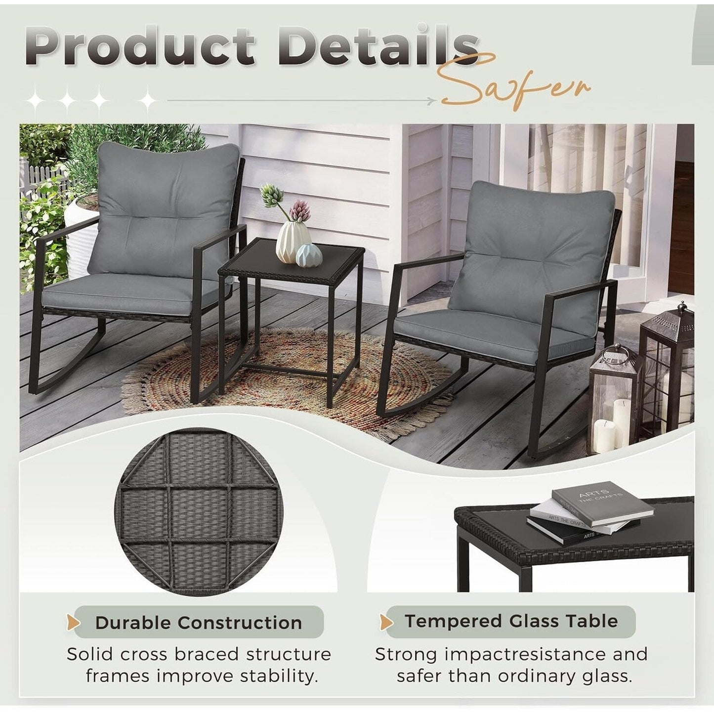 SUNCROWN Set da bistrot per conversazione con sedie a dondolo in vimini marrone/nero da esterno, 3 pezzi