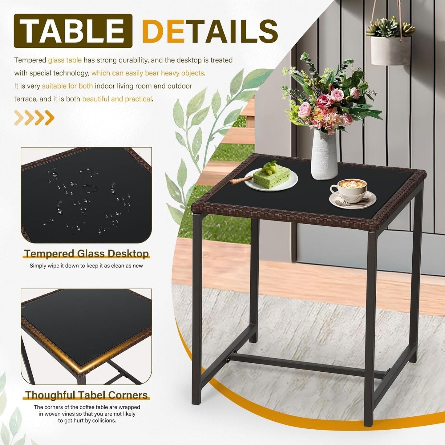 SUNCROWN Set da bistrot per conversazione con sedie a dondolo in vimini marrone/nero da esterno, 3 pezzi