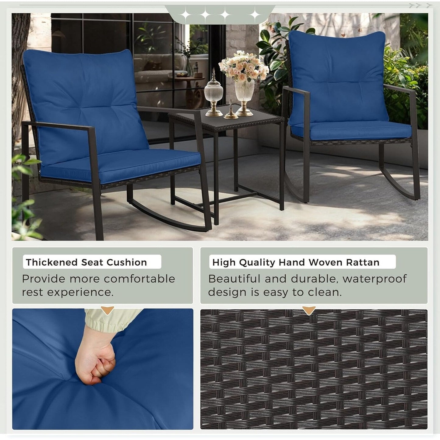 SUNCROWN Set da bistrot per conversazione con sedie a dondolo in vimini marrone/nero da esterno, 3 pezzi