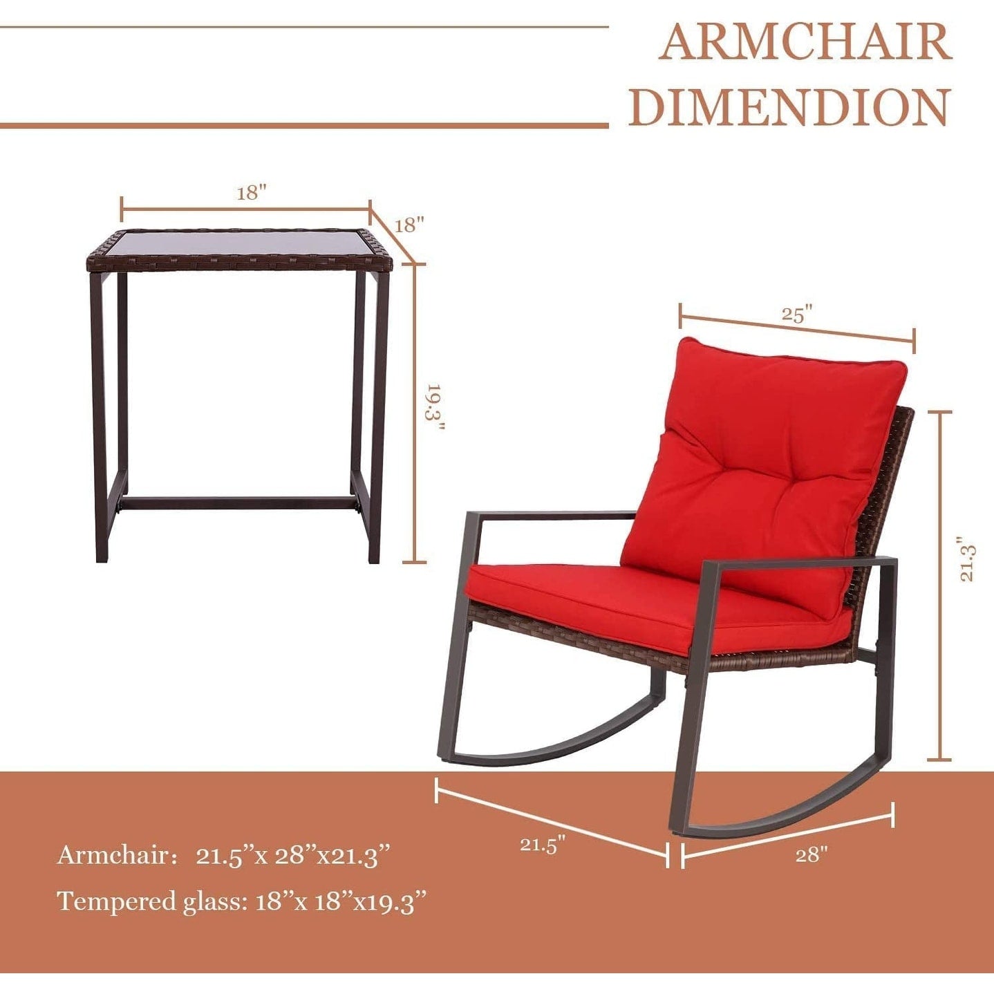 SUNCROWN Set da bistrot per conversazione con sedie a dondolo in vimini marrone/nero da esterno, 3 pezzi