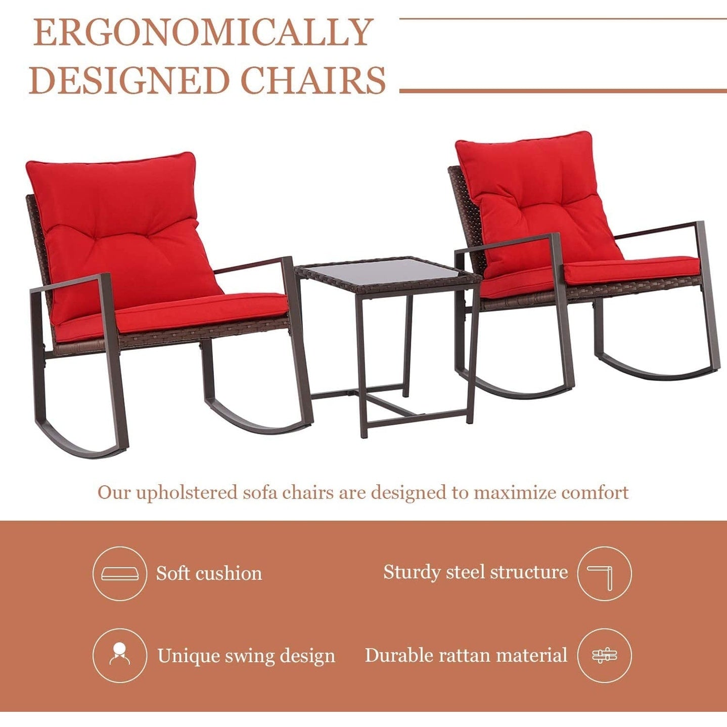 SUNCROWN Set da bistrot per conversazione con sedie a dondolo in vimini marrone/nero da esterno, 3 pezzi