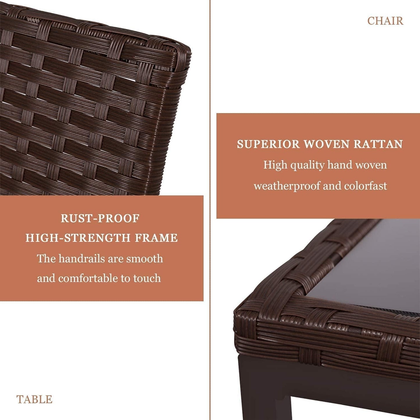 SUNCROWN Set da bistrot per conversazione con sedie a dondolo in vimini marrone/nero da esterno, 3 pezzi