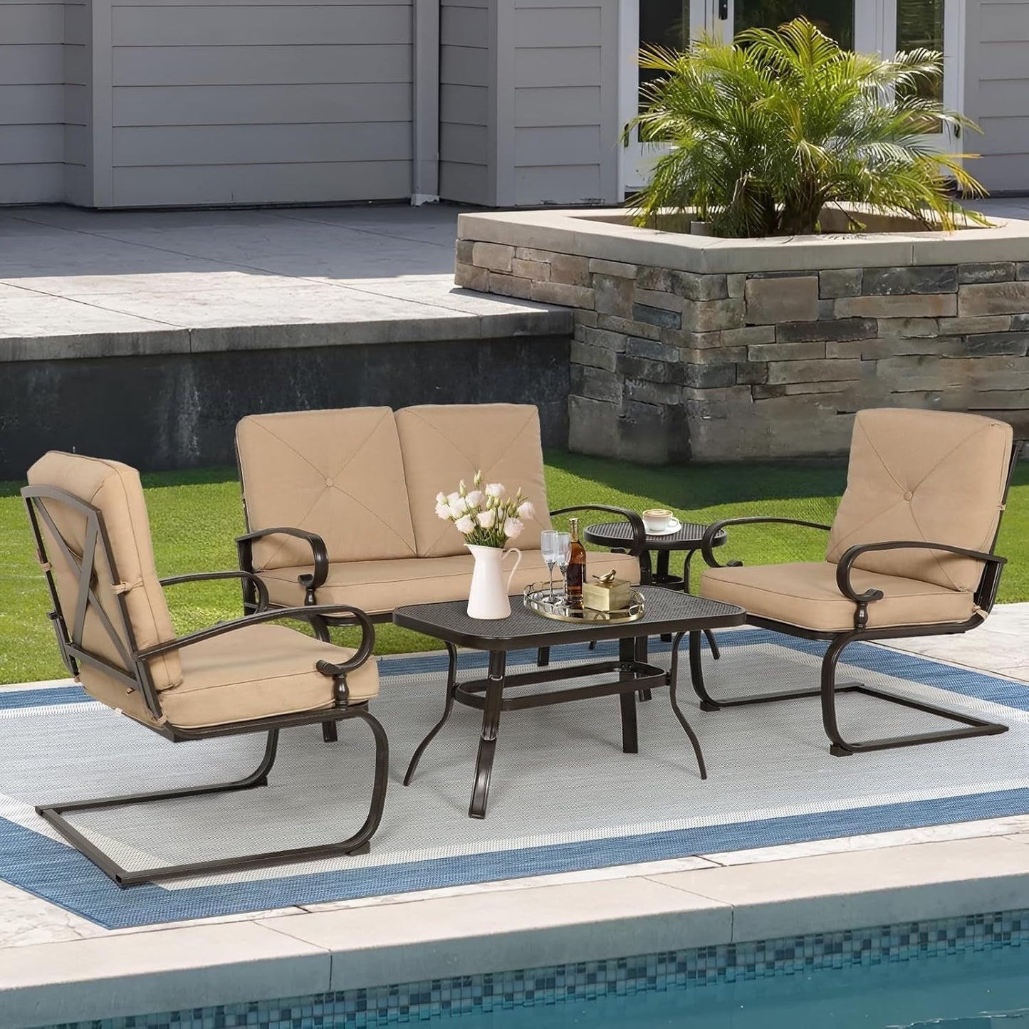 Set da conversazione per esterni SUNCROWN da 5 pezzi, panca da giardino e 2 sedie a sdraio con 2 tavolini da caffè